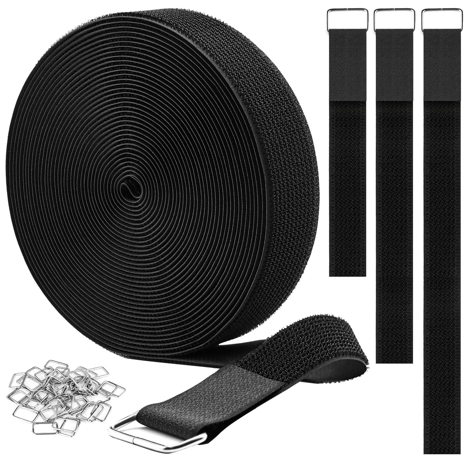 1.5"x32ft Hook and Loop Straps with 30 Metal Buckles, Adjustable Fastening Cable Straps, Cut-to-Length Cinch Strap, Reusable Nylon Securing Cord Ties for Organizer or Storage, Black