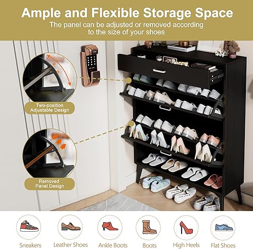 Miniatura 4 de UZUGUL Armario de zapatos para entrada, armario delgado de almacenamiento de zapatos con 2 cajones abatibles y un cajón de almacenamiento superior,