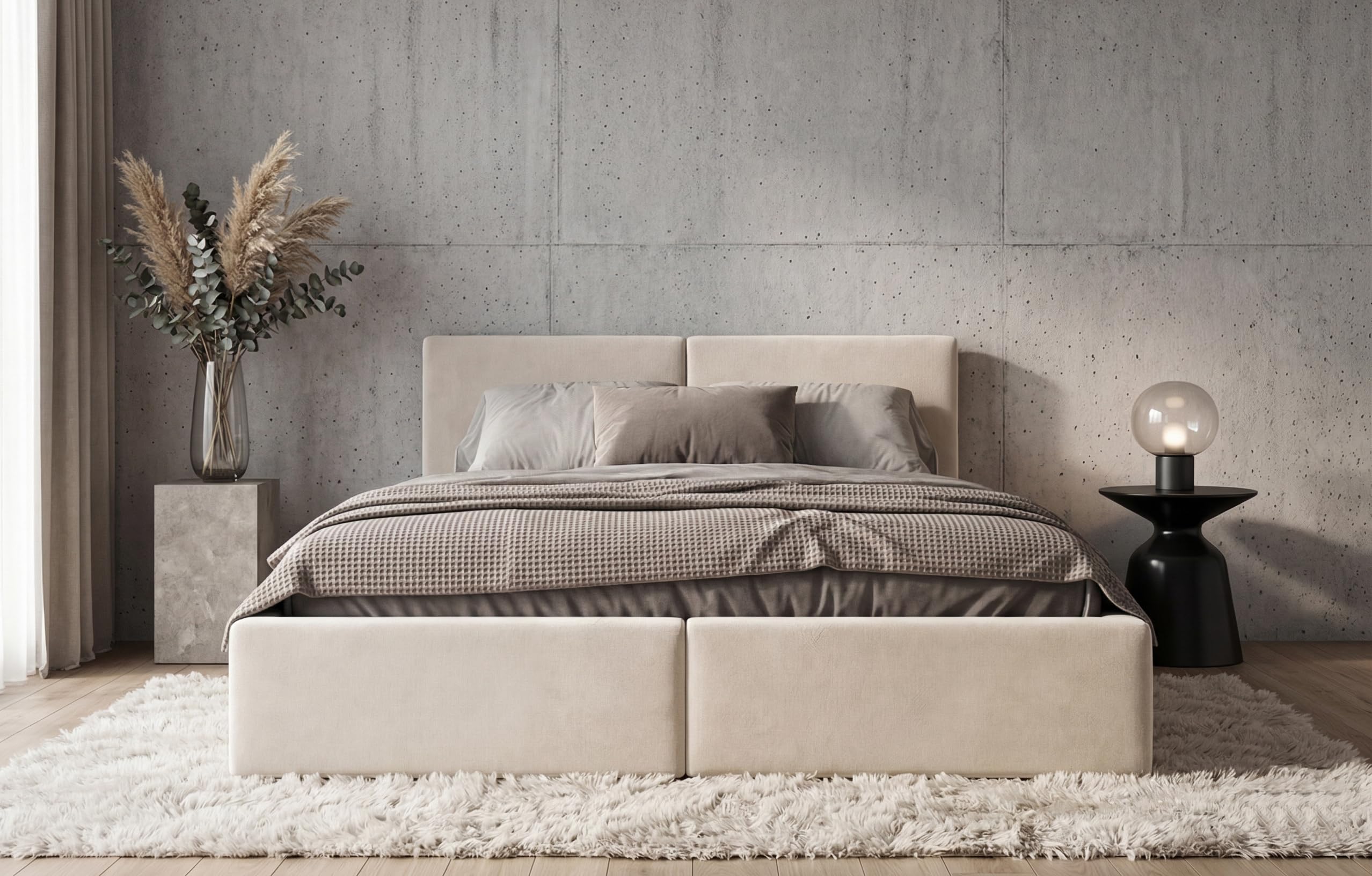 Letto imbottito 160 Hilton struttura del letto con rete a doghe in metallo con contenitore letto matrimoniale giroletto imbottito con cassettone letto per camera da letto (cashmere, 160x200)