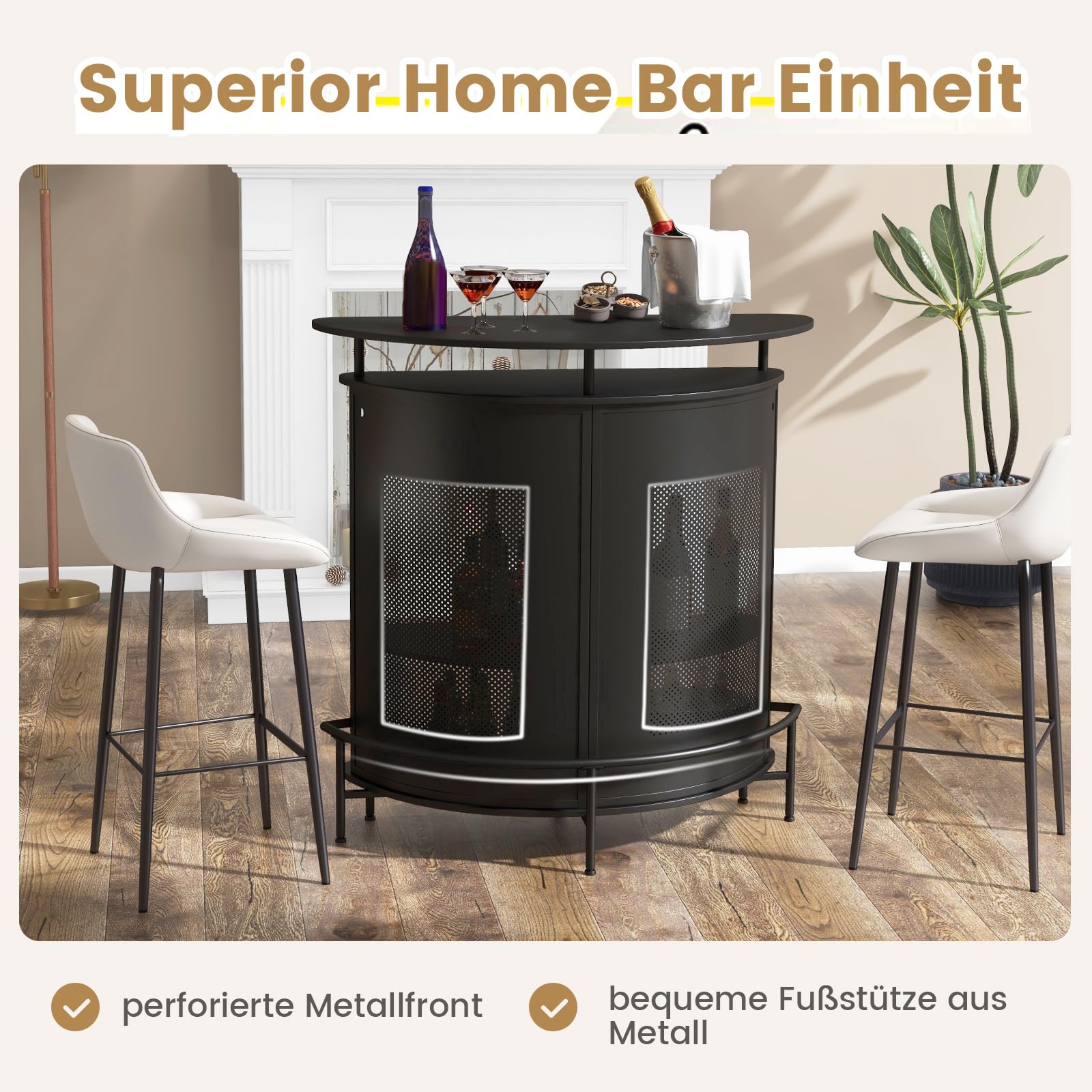 COSTWAY Bartisch Küche, Küchentheke mit Stauraum und Fußstütze, Theke Bar mit Metallrahmen, verstellbare Füße, 110,5 x 48 x 112,5 cm, schwarz
