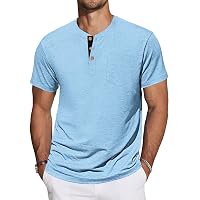 TARAINYA Henley T-Shirt Uomo Cotone Maglietta Maniche Corte Tinta Unita con Tasche Estate Azzurro L