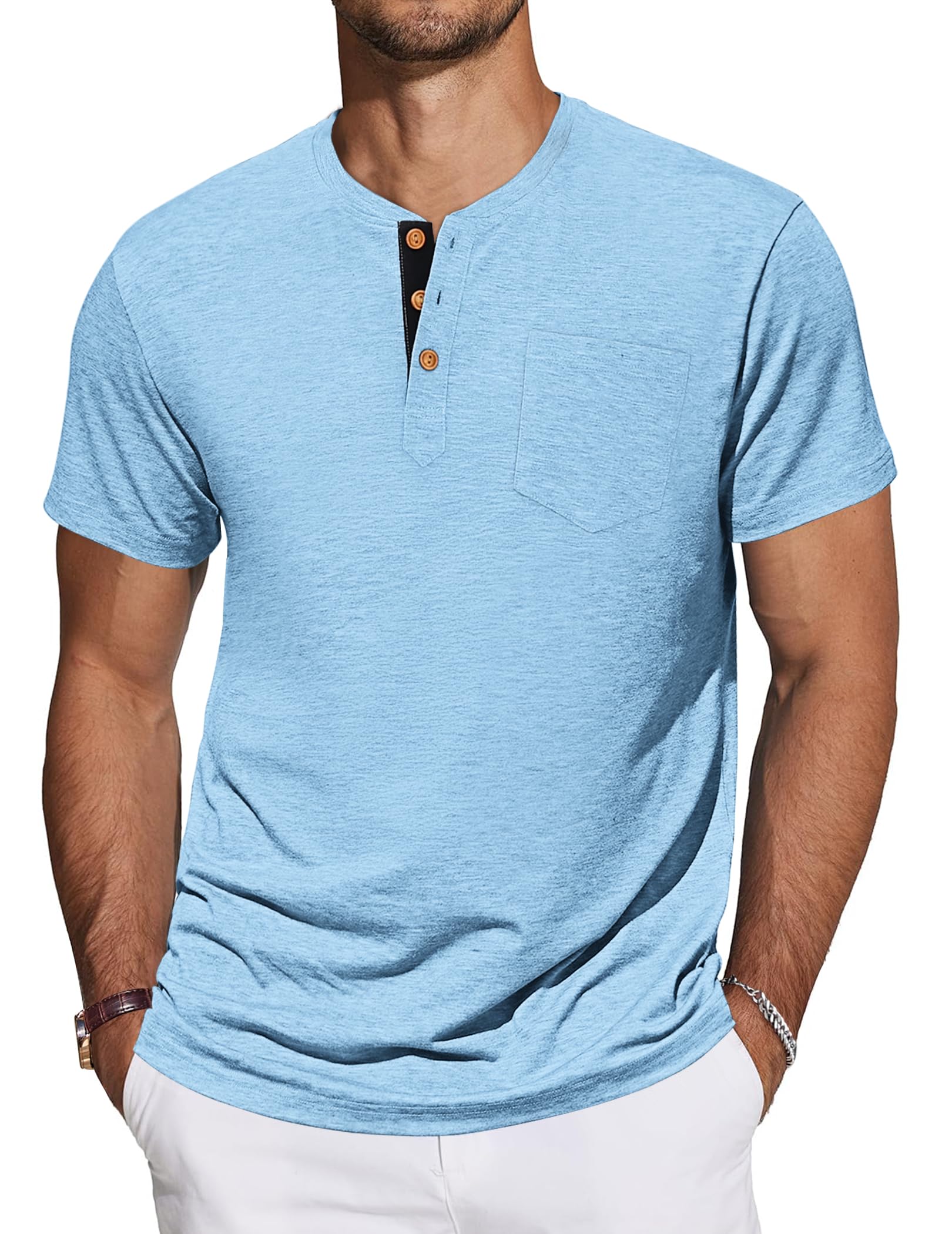 TARAINYA Henley T-Shirts Herren Baumwolle Shirt Kurzarm Einfarbig Basic Tee Männer Sommer mit Tasche M-4XL