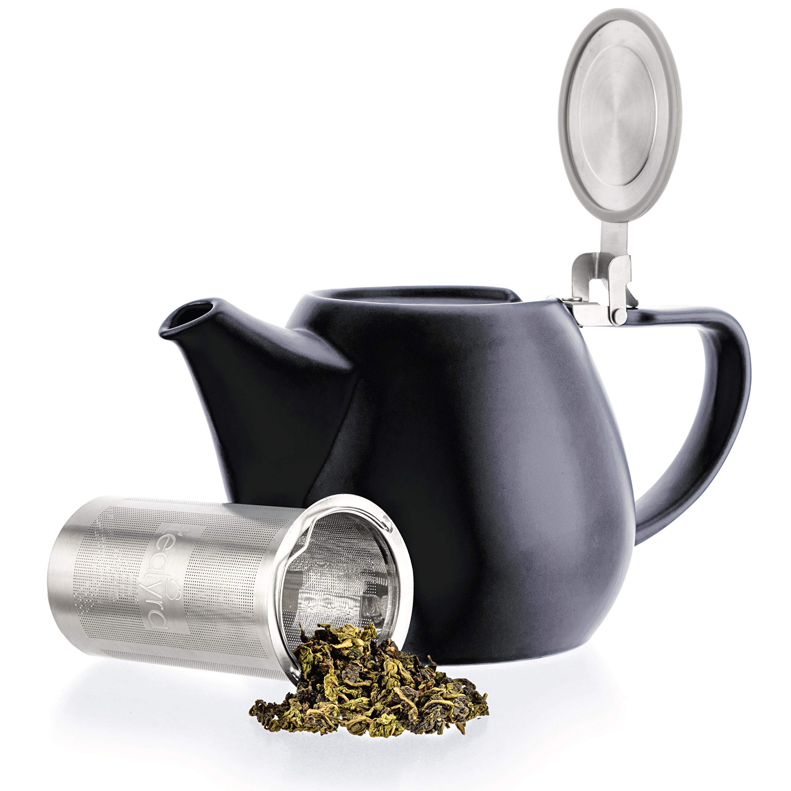 Tealyra - Jove Porcelain Large Teapot Black - 34.0-ounce (3-4 cups) - Japanese Made - Stainless Steel Lid and Extra-Fine Infuser To Brew Loose Leaf Tea - 1000ml