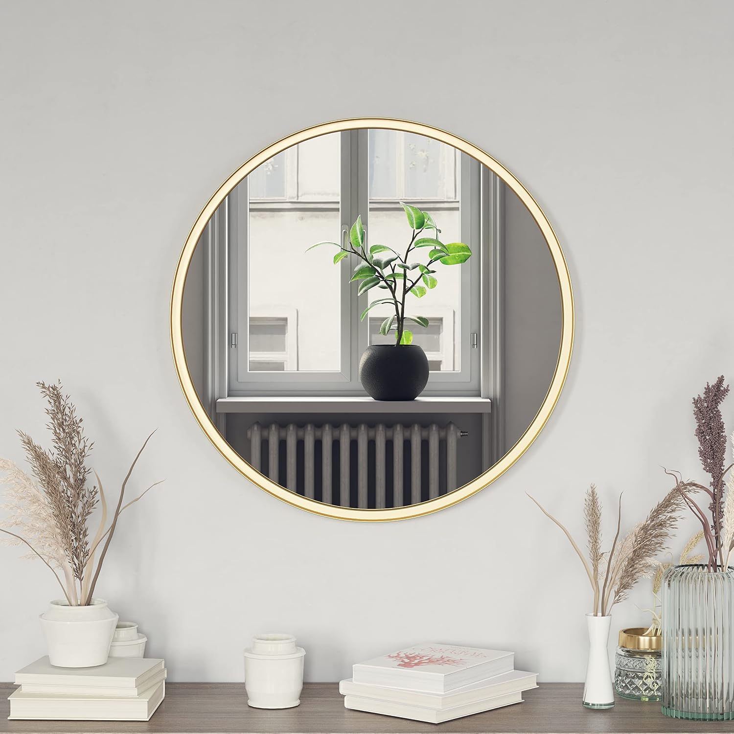 EMMA + OLIVER Edirne 27.5" Round Wall Mounted Mirror - Gold Metal Frame - Silver Backed Glass - Ready to Hang - Wall Anchors Included