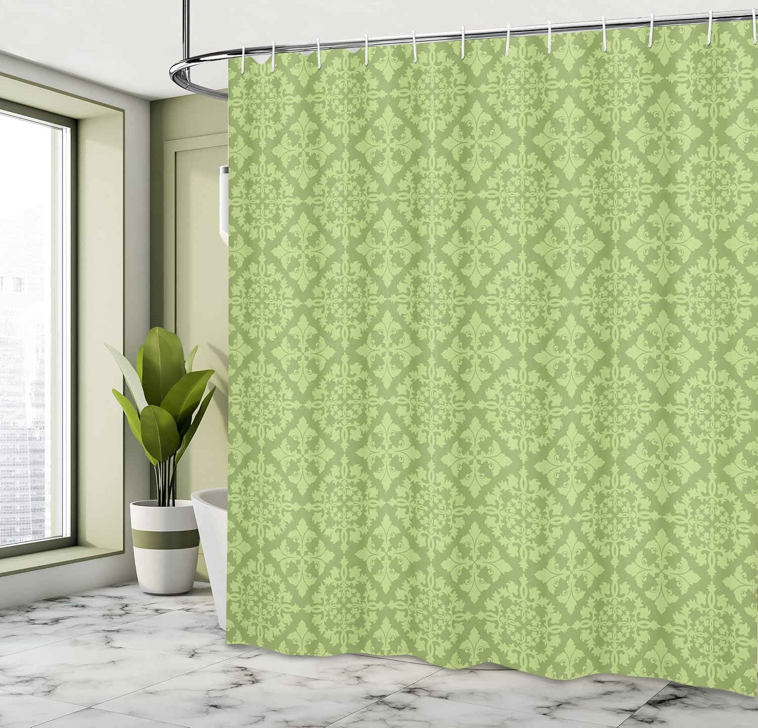 Ambesonne Retro Shower Curtain, Antique Victorian Floral Patterns in Modern Graphic Print Old Fashioned Art, Cloth Fabric Bathroom Decor Set with Hooks, 69" W x 84" L, Pale Olive Green