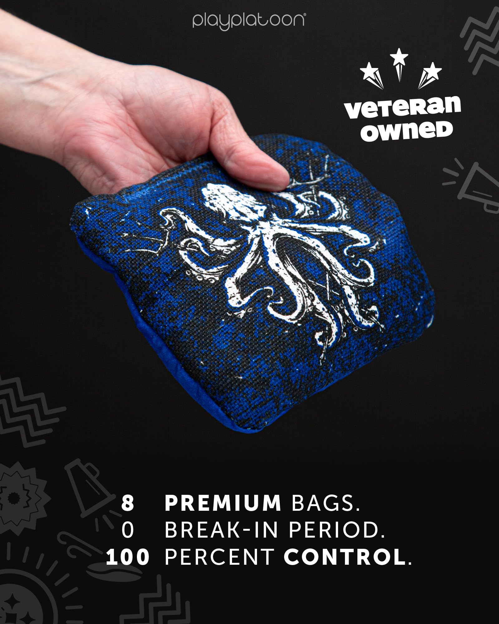 Play Platoon Tournament Series Cornhole - Juego de 8 Bolsas de Cornhole de Estilo Profesional de Doble Cara Lisas y Medias, diseñadas en Estados Unidos, 4 Piratas Grises y 4 krakens Azules diseñados