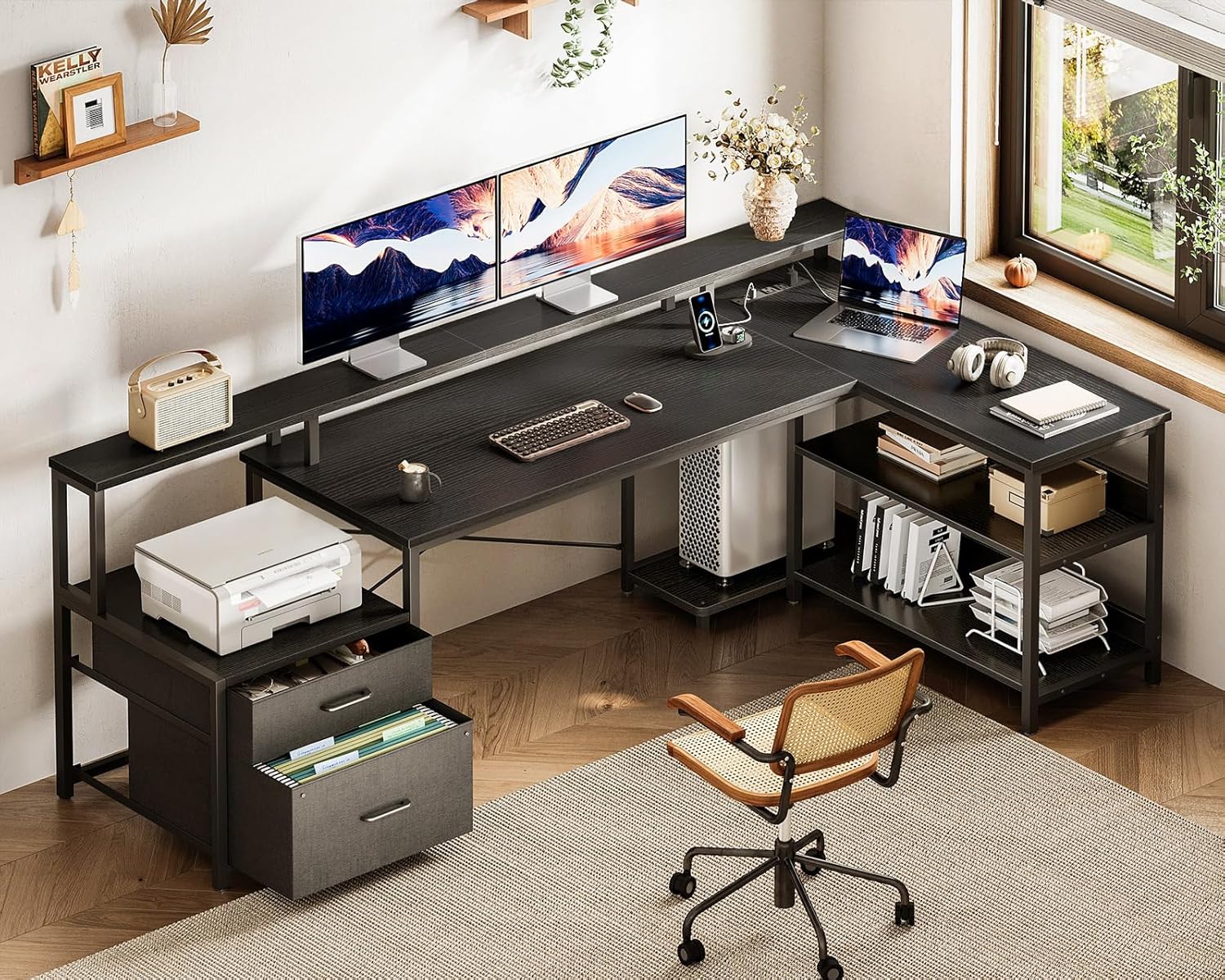 ODK 75" L Shaped Desk with File Drawers, Work from Home Office Desk with Power Outlet, Reversible Computer Desk with Storage Shelves, Gaming Desk with Monitor Shelf, Corner WFM Table, Black