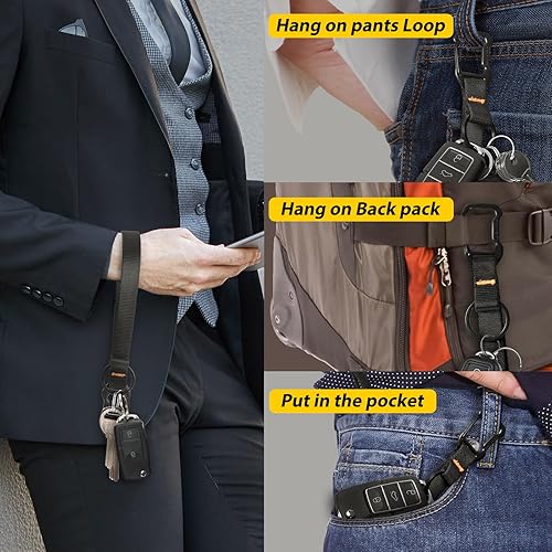 Vista 7 de DELSWIN Correa de muñeca con mosquetón y llavero, llavero de muñeca resistente, color negro Negro (1 paquete) - 9.5" Largo
