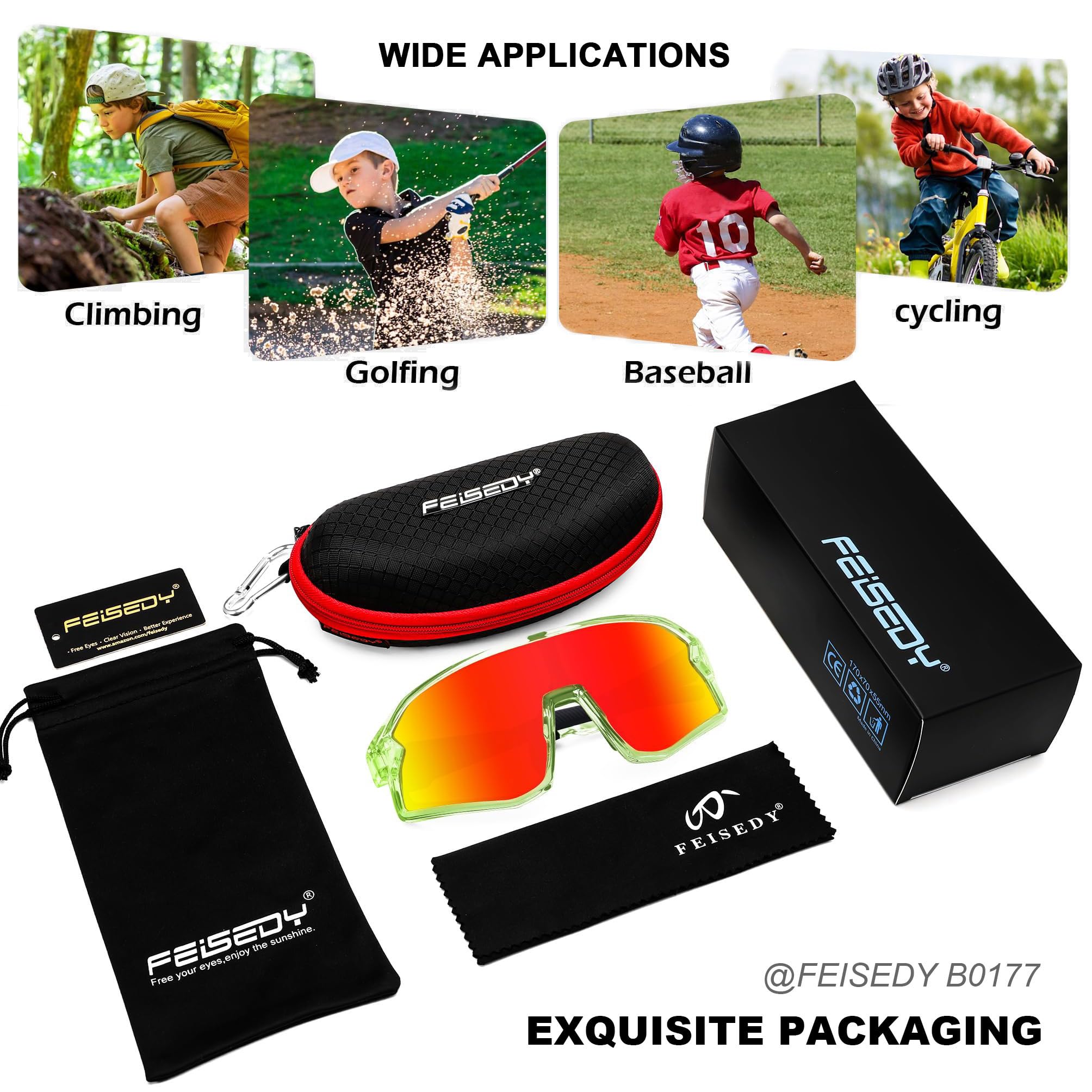 FEISEDY Jugendliche Kinder Sportbrille Polarisierte 6-15 Jahre Fahrradbrille UV400 Schutz Sport Sonnenbrille für Jungen Mädchen B0183