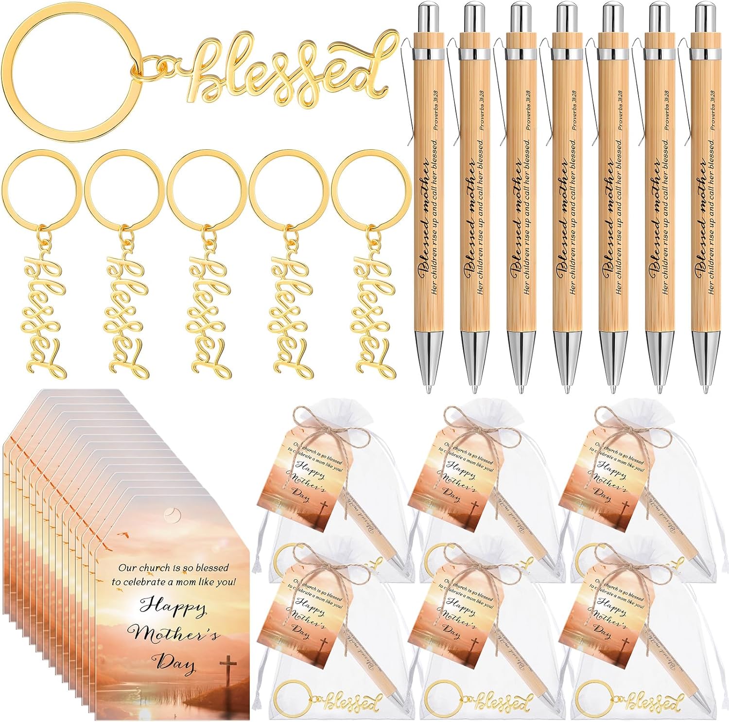 Spakon 36 Set Christian Church Gifts Bulk for Mother's Day Golden Blessed Keychains Bamboo Pens Religious Gift Tag Organza Bags