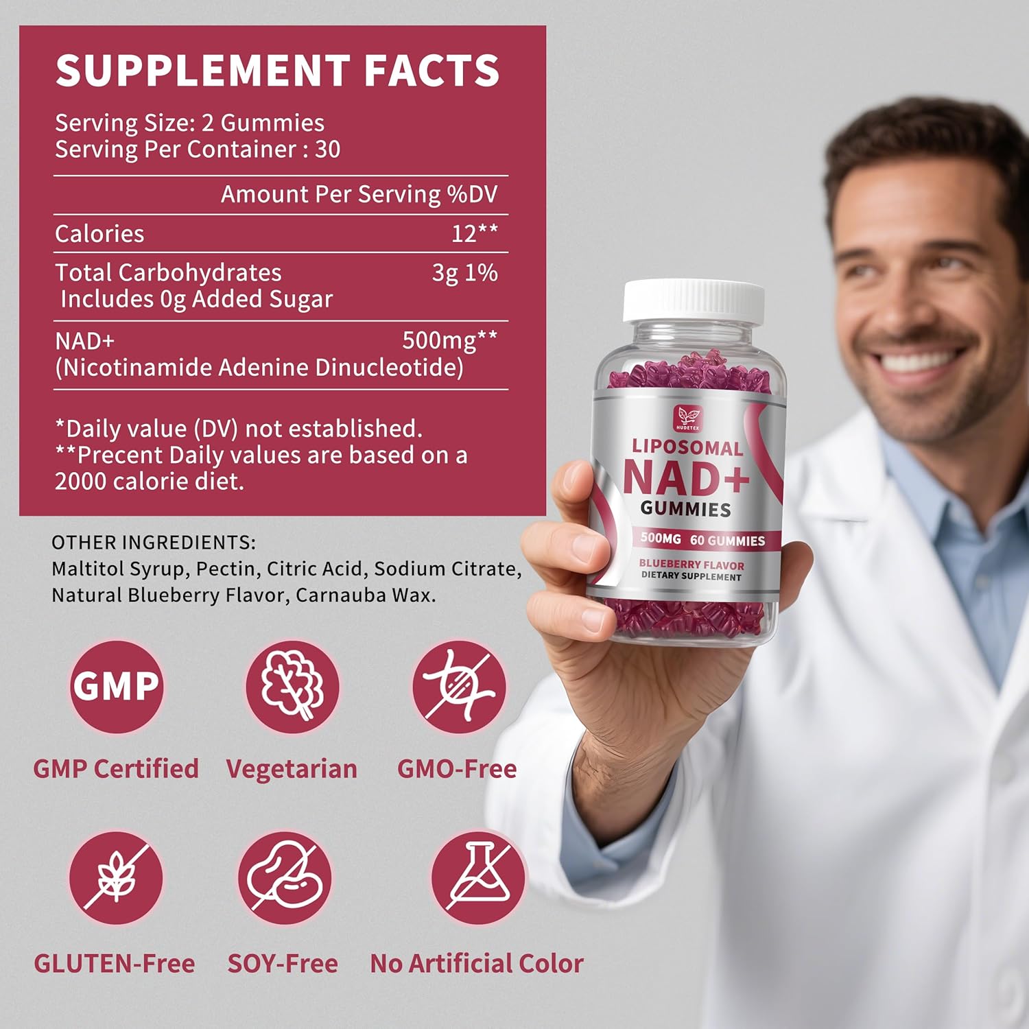 Hudetex (3 Packs) NAD Gummies Supplement for Women & Men, Pure 500mg Liposomal NAD - Cell Regeneration, Energy & Metabolism Support, Vegan,Sugar Free，Additives Free, 180 Counts,Blueberry Flavor