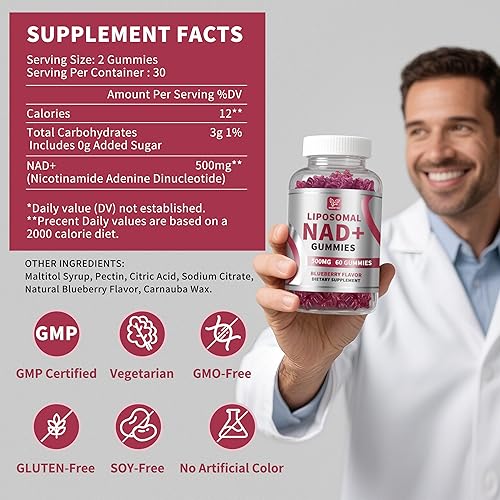 Miniatura 6 de Suplemento de gomitas NAD para mujeres y hombres, puro 500 mg de NAD liposomal, regeneración celular, apoyo de energía y metabolismo, vegano, sin