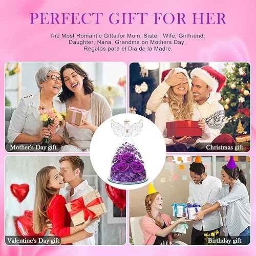 Miniatura 6 de Regalos de rosas preservadas para mujeres, flores frescas eternas en cristal con figuras de ángel para entrega, rosas moradas para abuela, mamá,