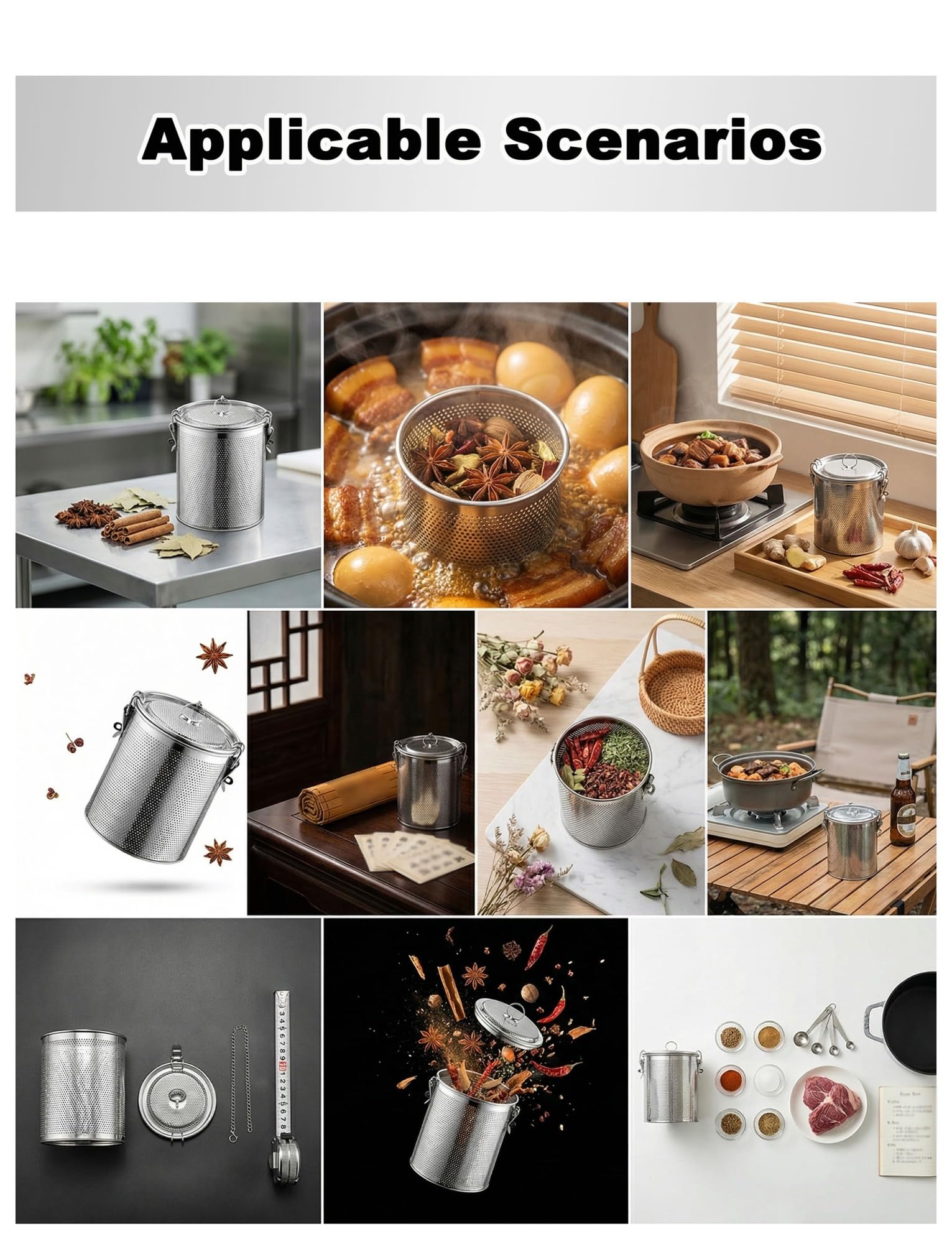 Cesta infusora de especias, colador de cocina reutilizable de acero inoxidable, malla grande de 0,6 mm para el hogar y la cocina del restaurante, 25 x 18 cm