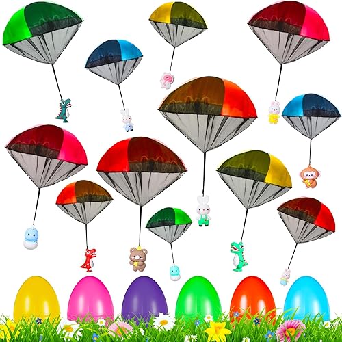 Motionchic Paquete de 12 huevos de Pascua con juguete de paracaídas, juguetes voladores de mano para exteriores, huevos de Pascua rellenos de