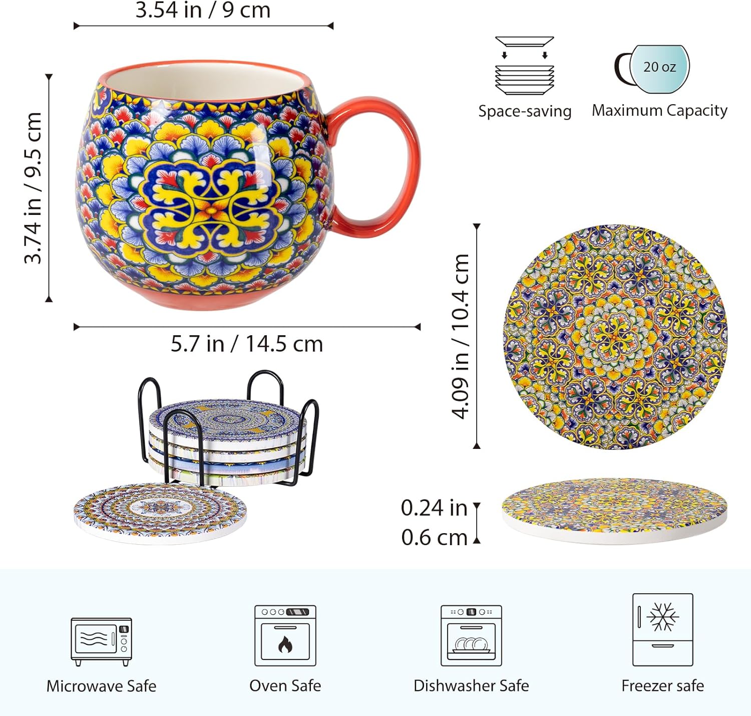 HENXFEN LEAD Coffee Mugs with Ceramic Cup Coasters Set of 6 for Coffee Table, Bar, Home Decor - Bohemian Style