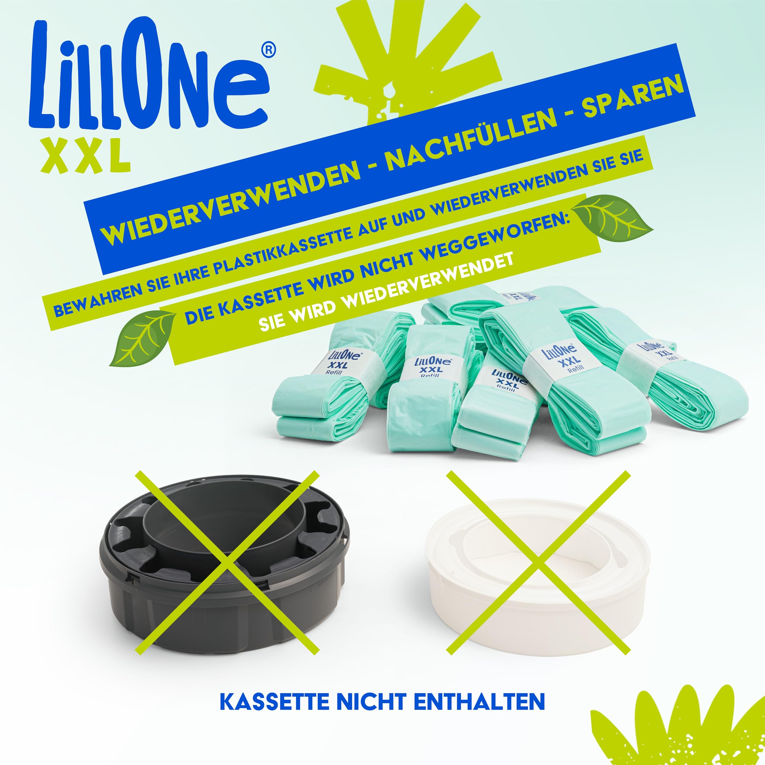 LillOne 12 XXL-Nachfüllungen Extra Lang 10,5 m für Windeleimer – Universell kompatibel mit Tommee Tippee, Munchkin, Angelcare, LitterLocker und anderen – Dickere Folie mit Geruchskontrolle