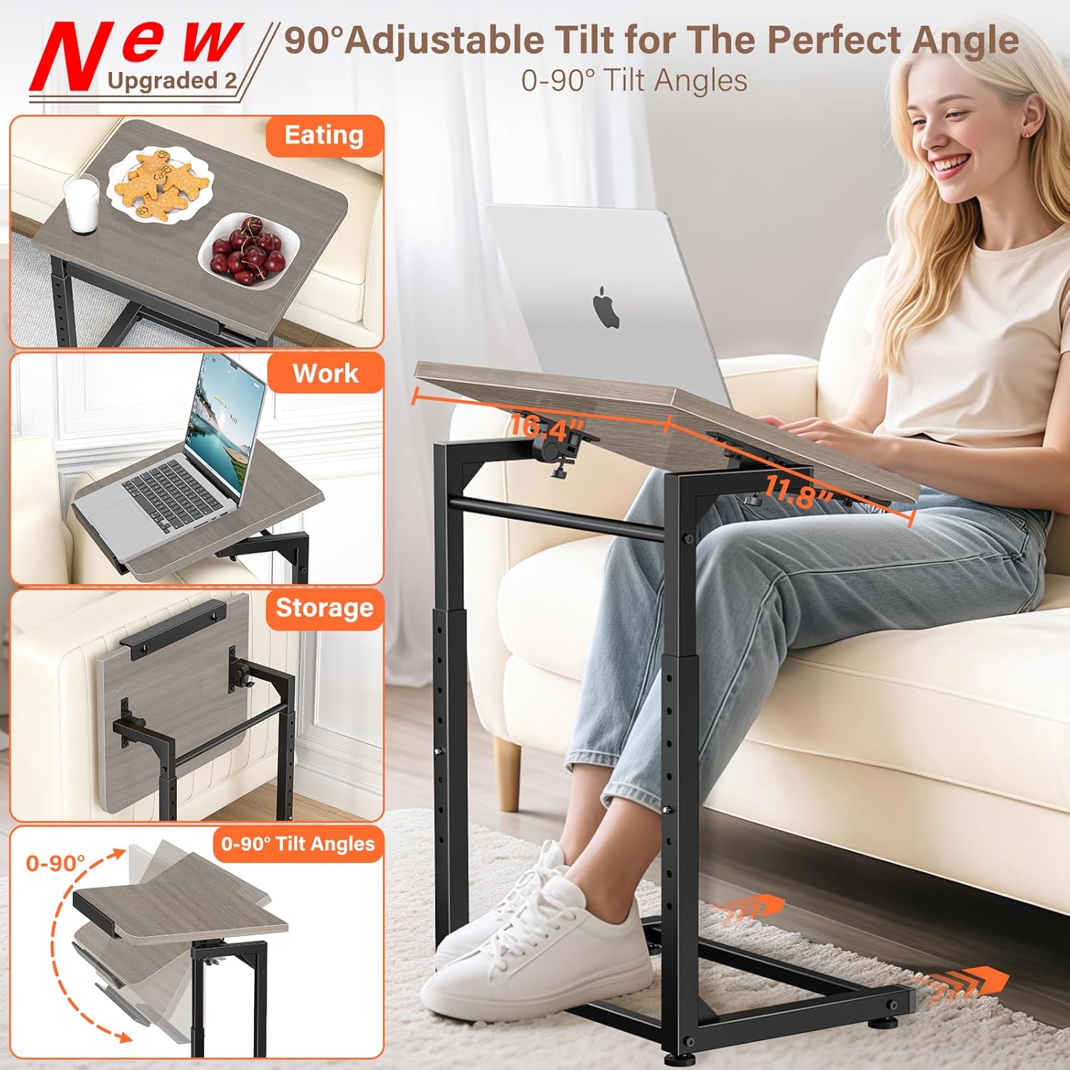 Tv Tray Table, 8-Level Adjustable Height Couch Side Table，90° Tilt Angle