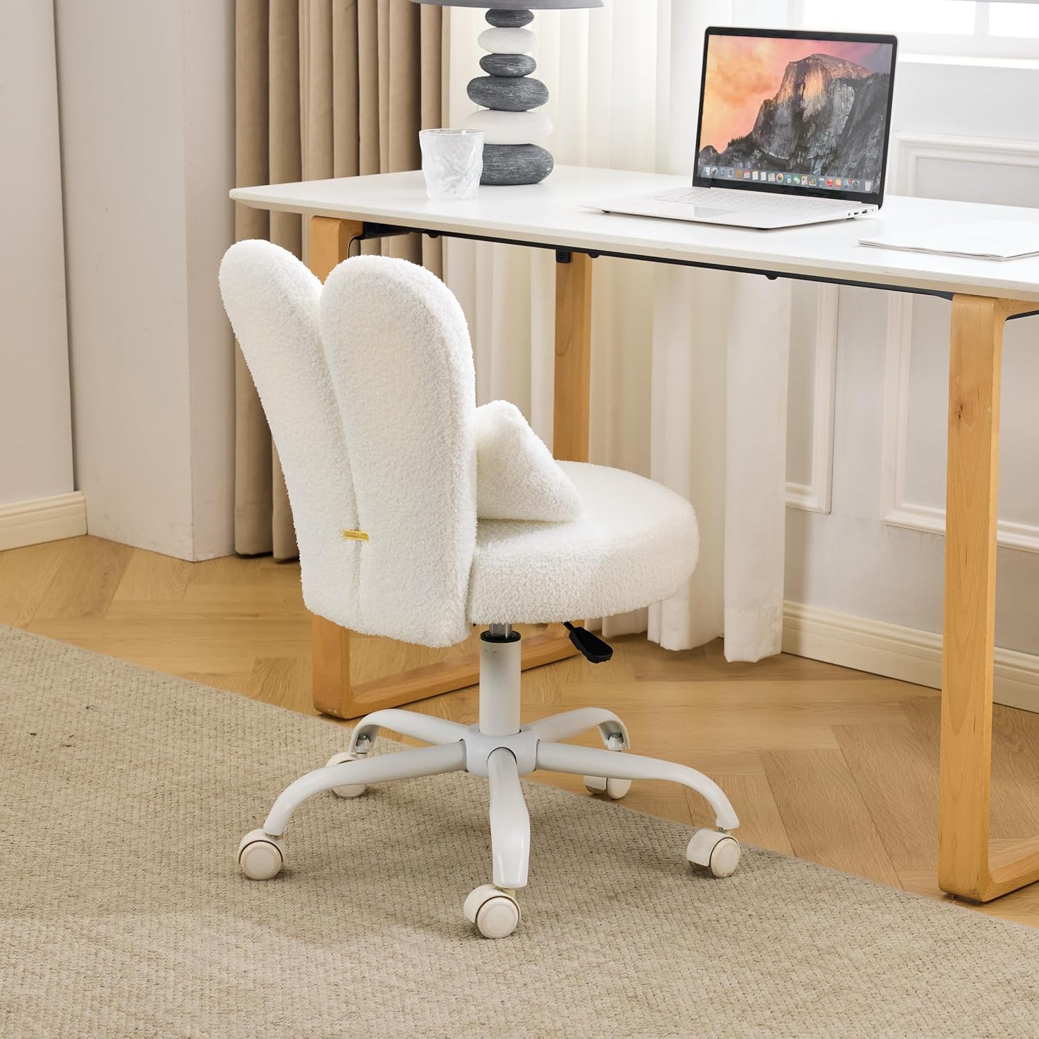 VINGLI Playful Rabbit Ear Swivel White Vanity Desk Chair with wheels&Bow Pillow,Cute Comfy Small Armless Adjustable Rolling Stool for Bedroom/Home Office,for Kids,Teens,Girls,Women,Adults,Teddy Fleece