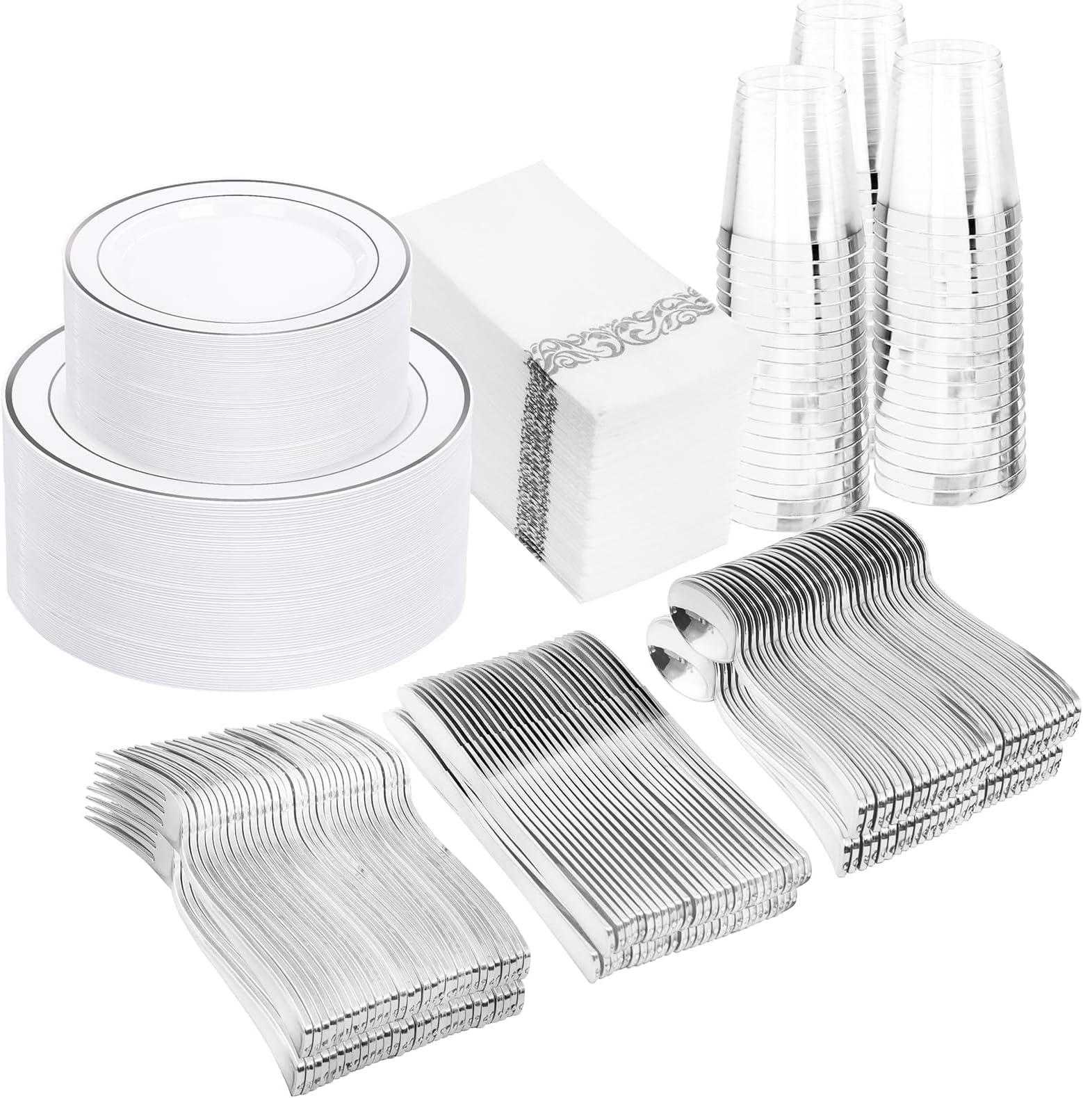 WDF Partyware350 Pcs Silver Plastic Plates - Silver Dinnerware Set of 50 Dinner Plates 50 Dessert Plates 50 Silverware 50 Napkins 50 Cups for Party&Wedding