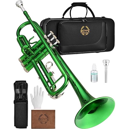 Leo Jaymz Bb Trumpet for Beginners, Brass Student Trumpet Kit with Case, 7C Mouthpiece, Cleaning Kit, Standard B Flat Instrument, Green