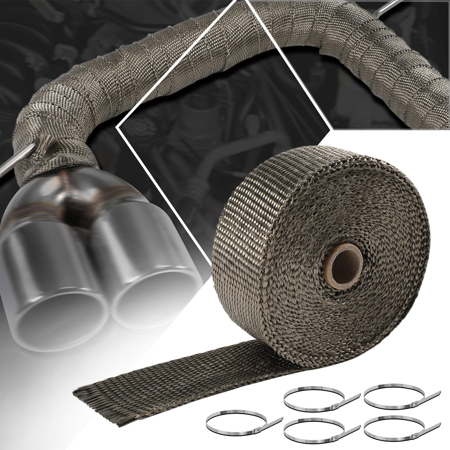 PM PERFORMOTOR Exhaust Header Heat Wraps with 5 Zip Ties for Motorcycle Car Exhausts Headers, 2" x 30' Heat Shield Tape Roll, Natural Titanium Fiberglass & Steel