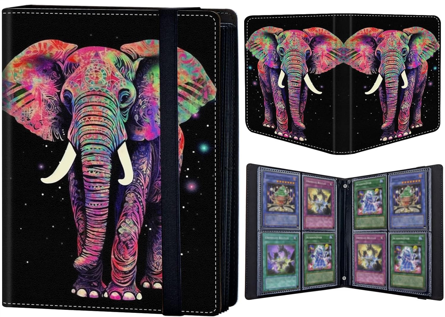 Trading Card Binder 4 Pocket 400 Cards,Card Holder Book with Elastic Band Fit Most Standard Size Cards,Card Collection Binder Case for Baseball Football Basketball Cards Pokemon & MTG,Elephant Animal