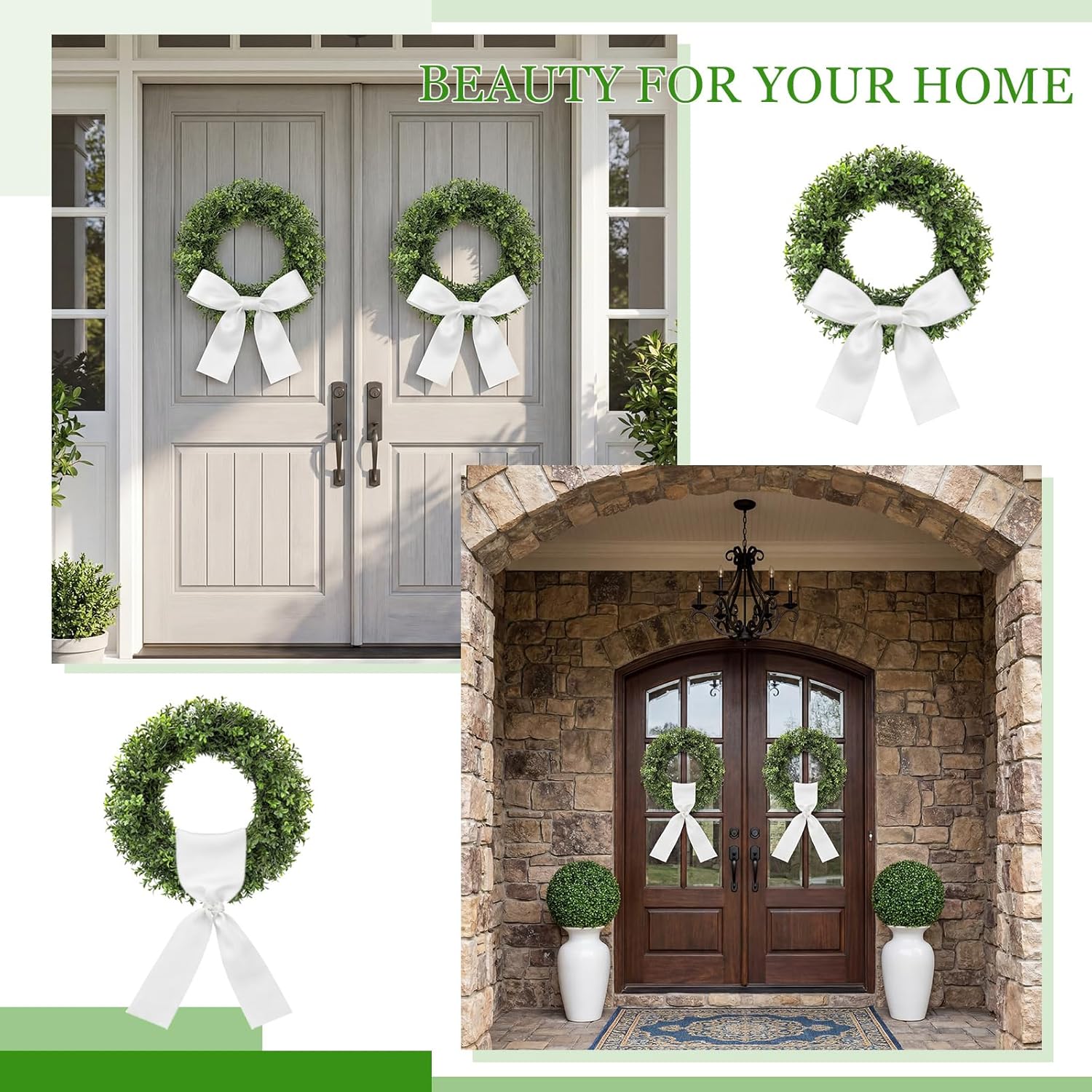 Riceshoot 2 Pcs 20 Inch Artificial Boxwood Wreath Set for Front Door, Porch, Window, with 2 Metal Door Hooks, 2 Silk Ribbons, Boxwood Wreaths for Farmhouse Wedding Indoor Outdoor Decor - All Seasons