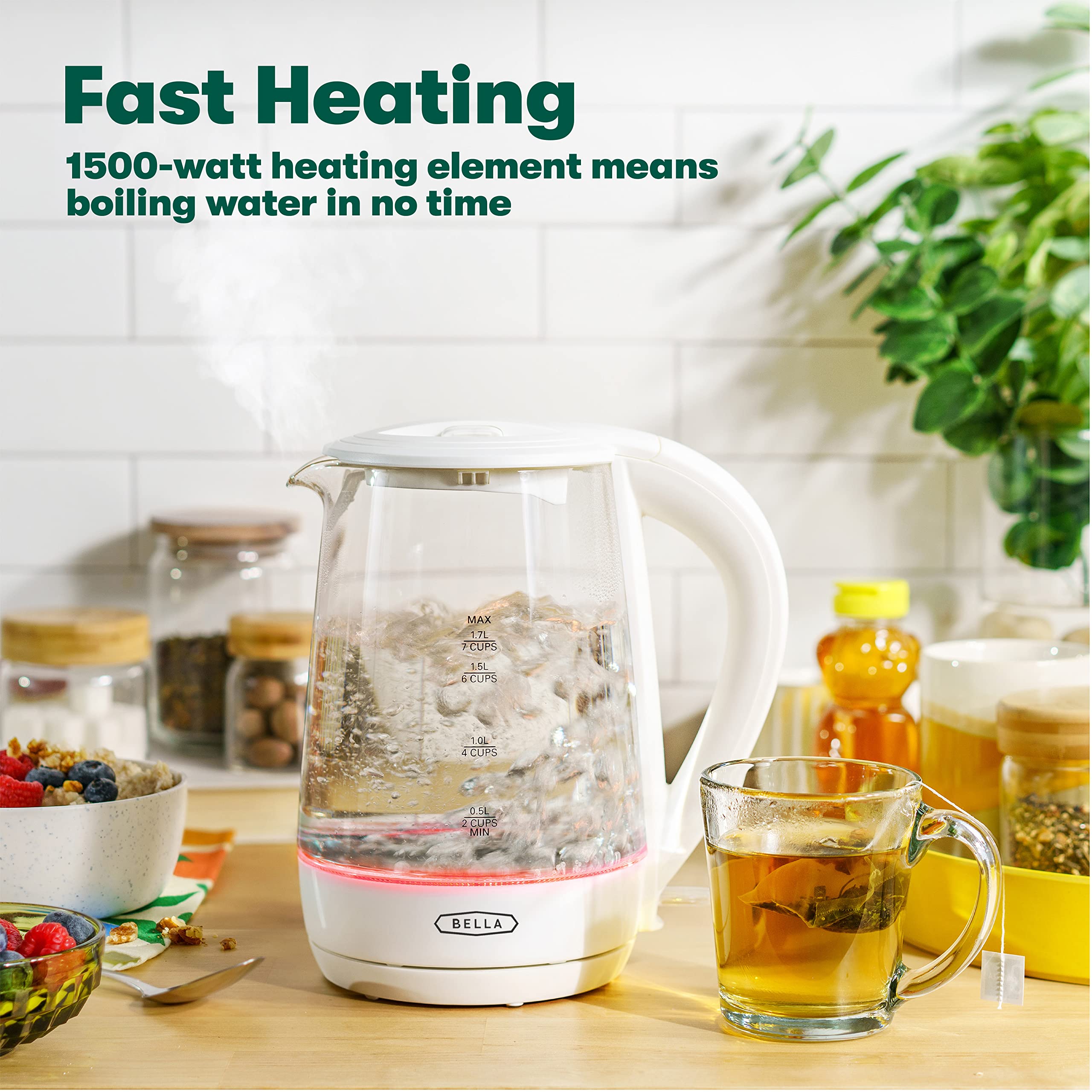 BELLA 1.7 Liter Glass Electric Kettle, Quickly Boil 7 Cups of Water in 6-7 Minutes, Soft Red LED Lights Illuminate While Boiling, Cordless Portable Water Heater, Carefree Auto Shut-Off, White