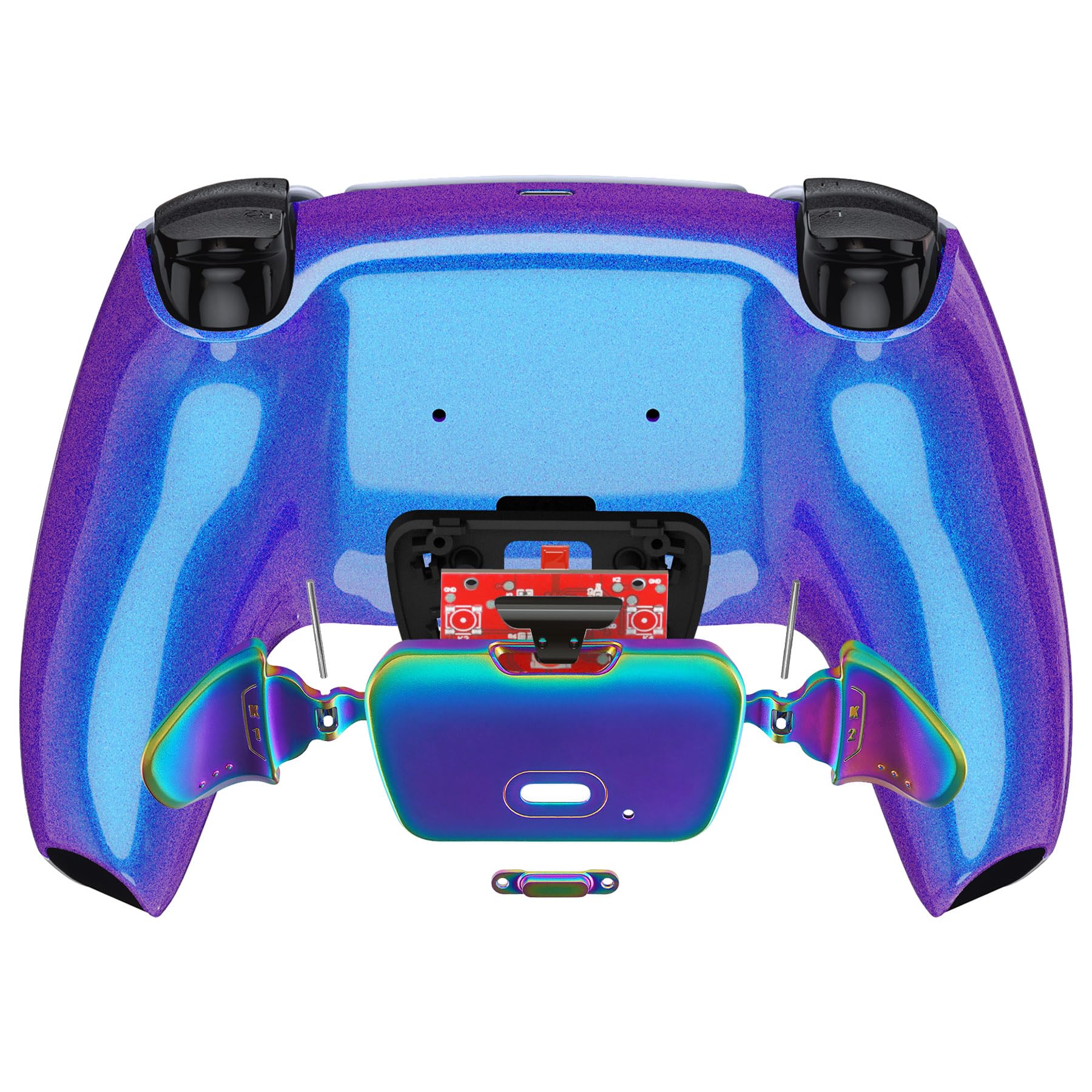 eXtremeRate RISE Remap Kit Programmabile per ps5 Controller BDM-030/040/050,Palette in Metallo Tasti Pulsanti Aggiuntivi Back Button Cover Posteriore per ps5 Joystick-Arcobaleno Viola Blu
