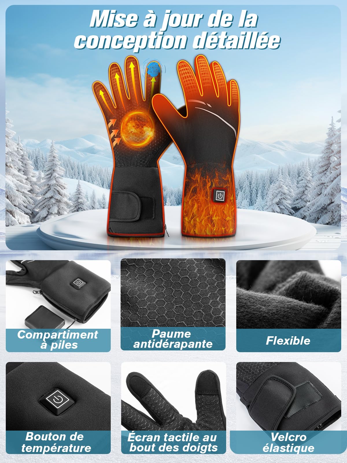 Gants Chauffants Fins pour Homme Femme,7.4V 6400mAh Gants Électriques à Batterie Rechargeable,Gants d'hiver Écran Tactile, 3 Température Réglablepour Randonnée, Ski, Randonnée
