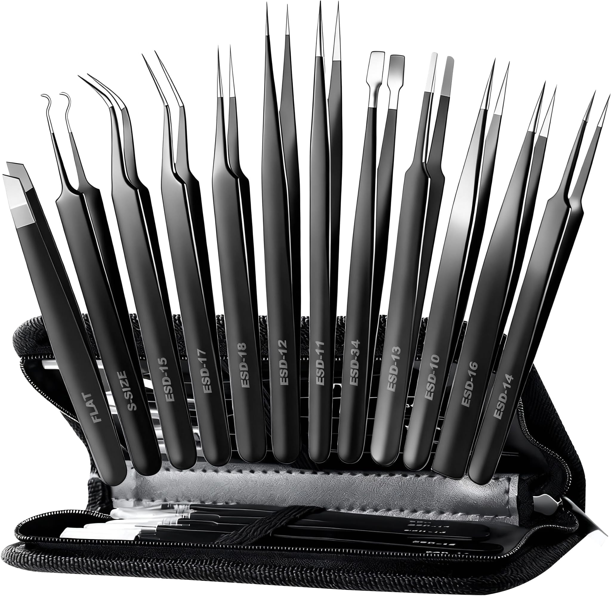 Antonki 12 Pack Precision Tweezers Set for Craft, Soldering, Jewelry, Facial Hair, Eyebrow, Ingrown Hair Removal, Eyelash Extension- with Case