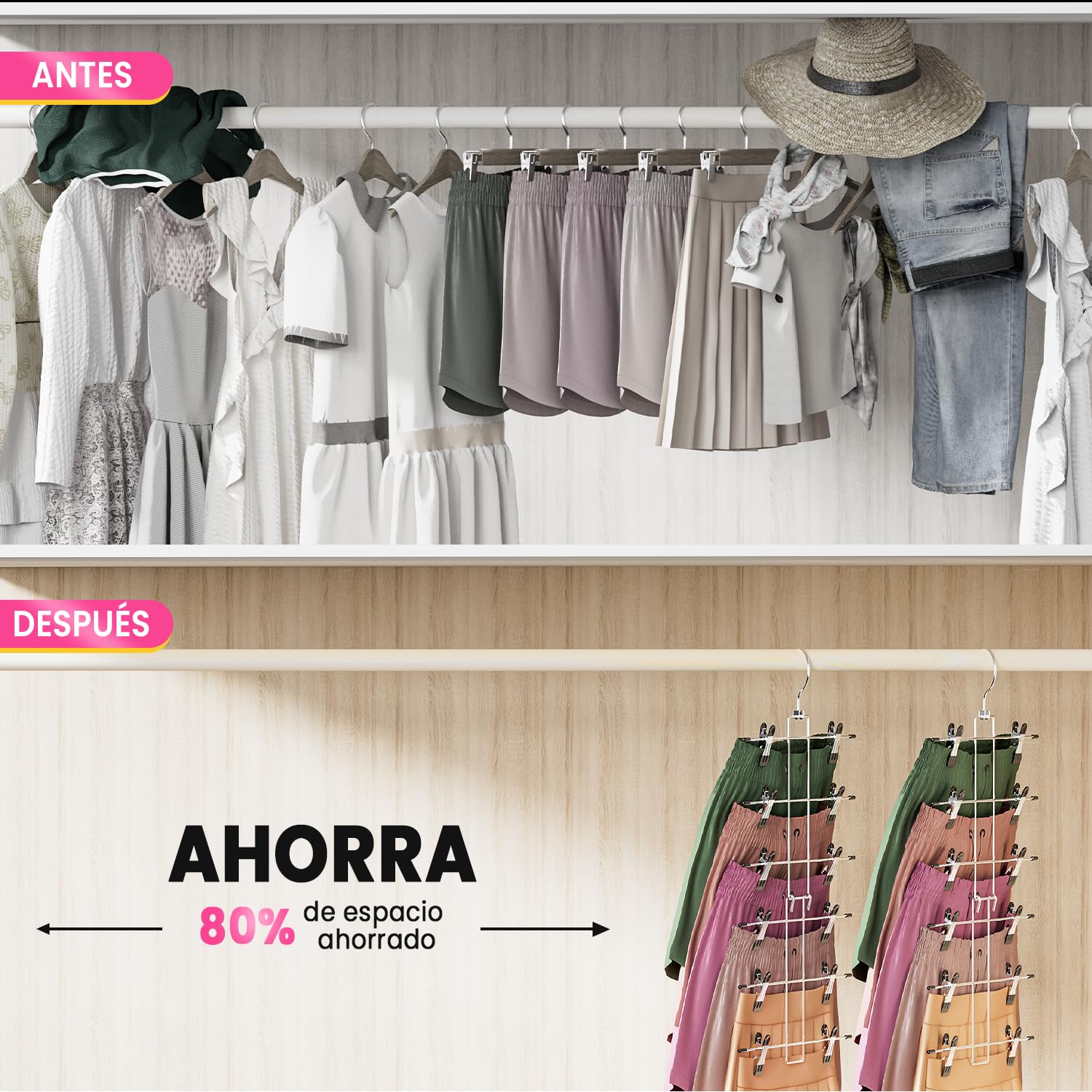 DAMITA Perchas con Pinzas para Faldas y Pantalones Percha Vertical 6 Niveles con Gancho 360° Ahorro de Espacio Diseño Seguro para los Dedos – Dormitorio, Piso o Residencia 1 Unidad