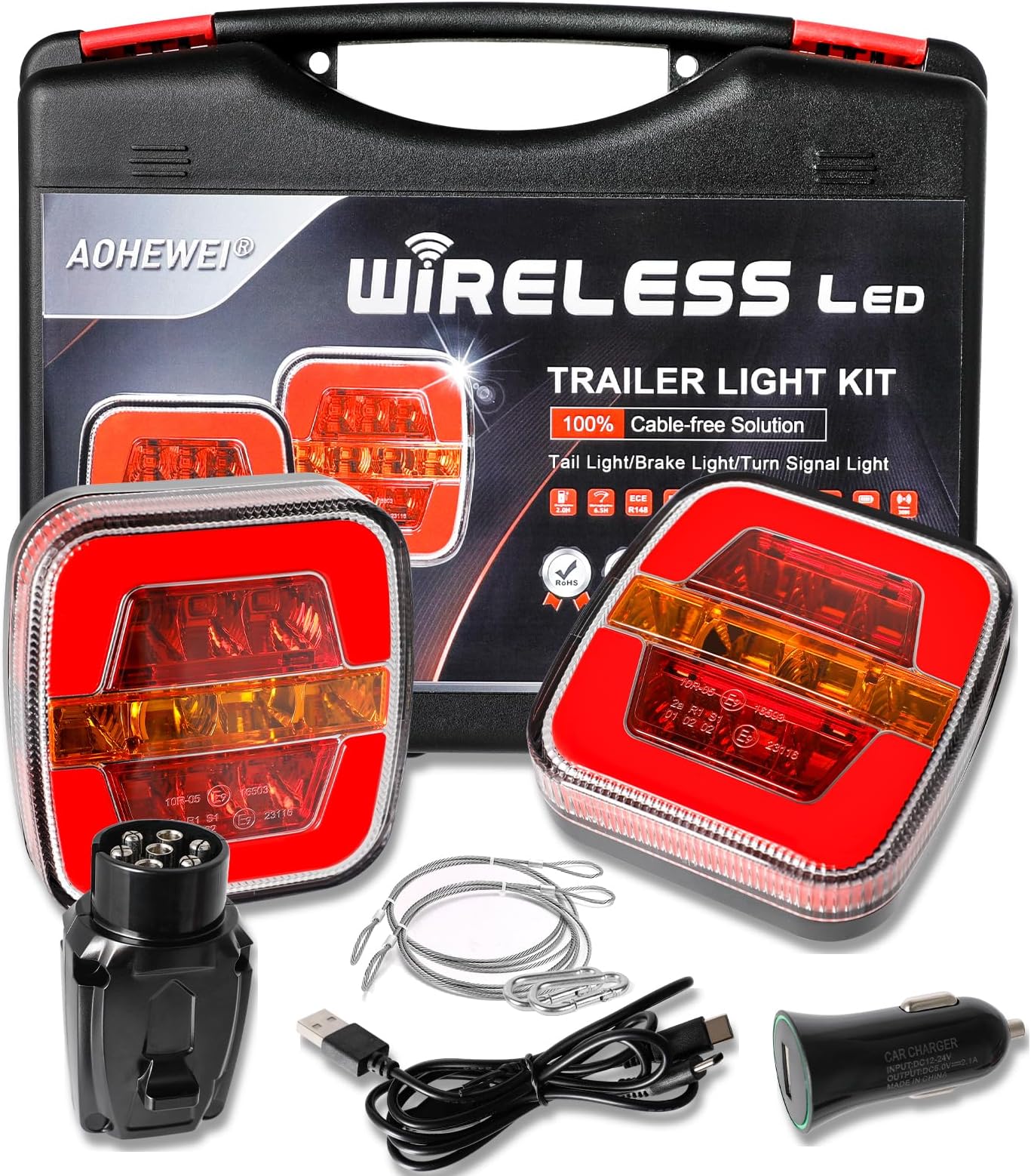 Magnetic Wireless LED Trailer Tail Lights Set 12/24 V, Cable Free Waterproof Dynamic Rear Lights with Magnet ECE EMC Approved for Trailer, Lorry, Caravan or Truck