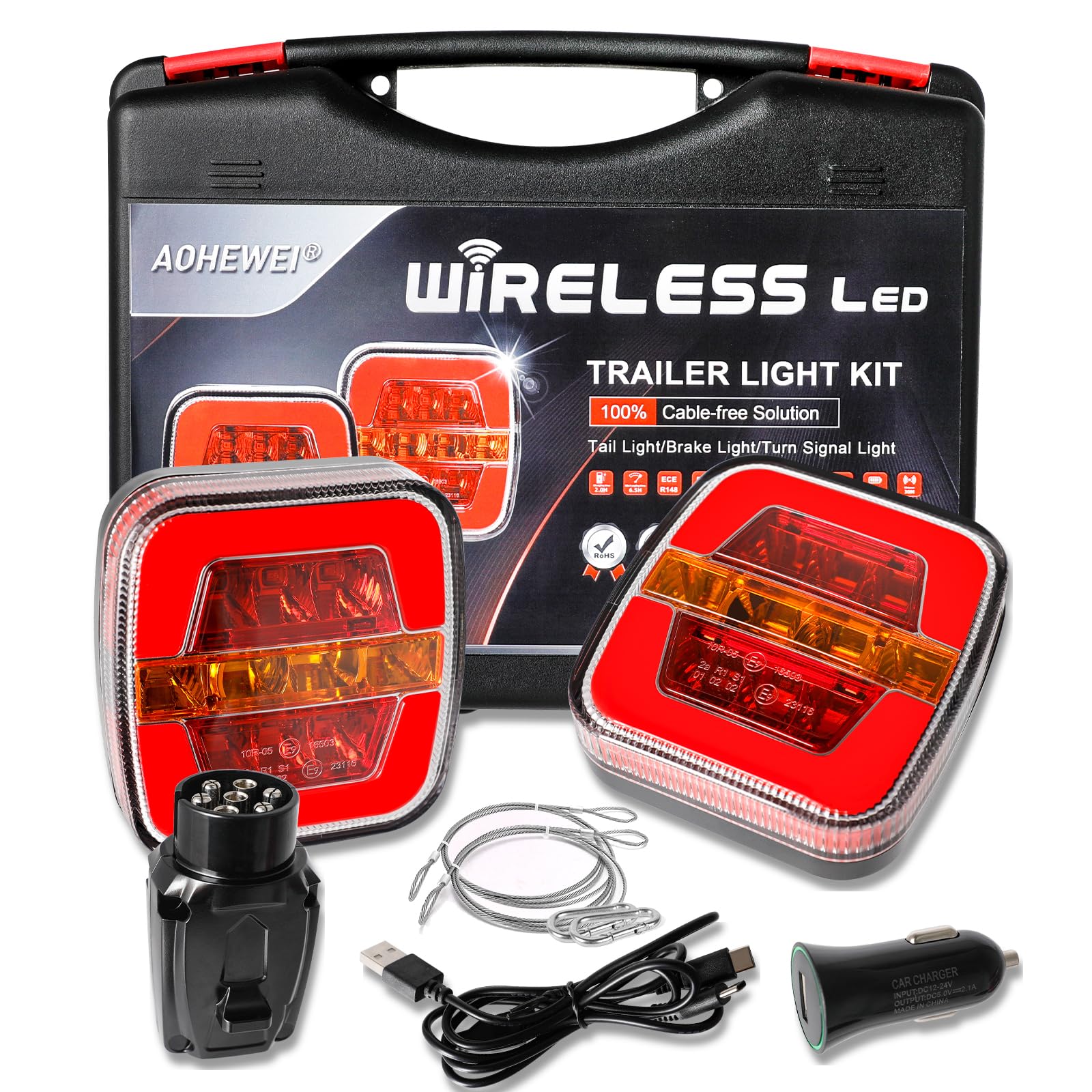 Magnetic Wireless LED Trailer Tail Lights Set 12/24 V, Cable Free Waterproof Dynamic Rear Lights with Magnet ECE EMC Approved for Trailer, Lorry, Caravan or Truck