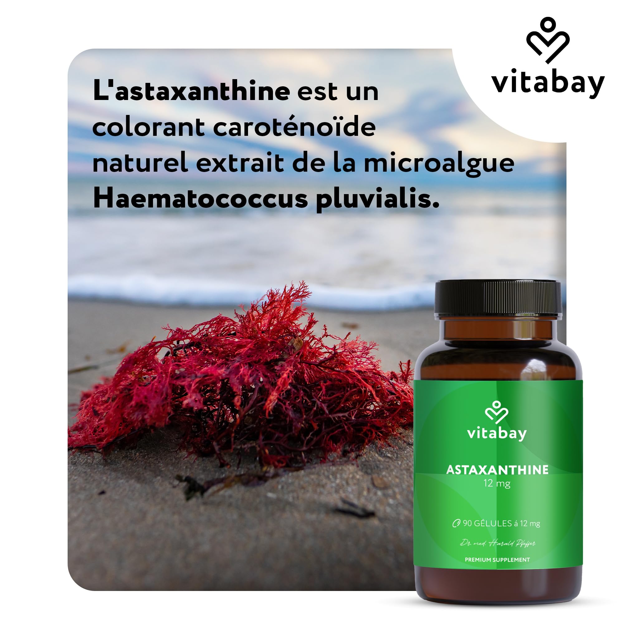 Vitabay Astaxanthine 12 mg hautement dosée – 90 capsules softgel véganes – testée en laboratoire & sans additifs – naturellement issue d’extrait d’algue Haematococcus pluvialis – réserve pour 6 mois