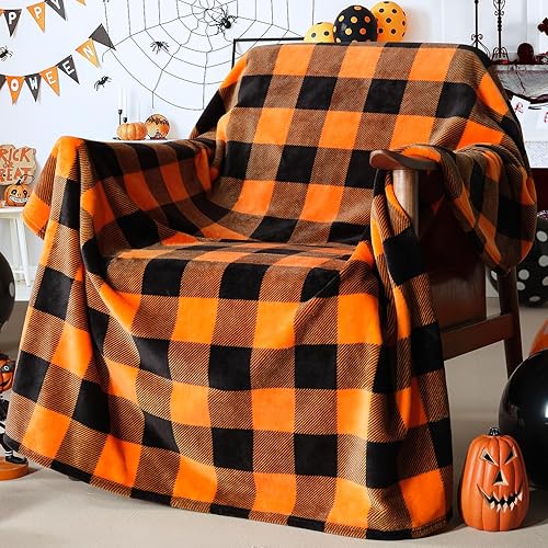 Touchat Manta de forro polar, manta de lana cuadriculada naranja para sofá, cama, suave, cálida, acogedora, ligera, decoración de Halloween de