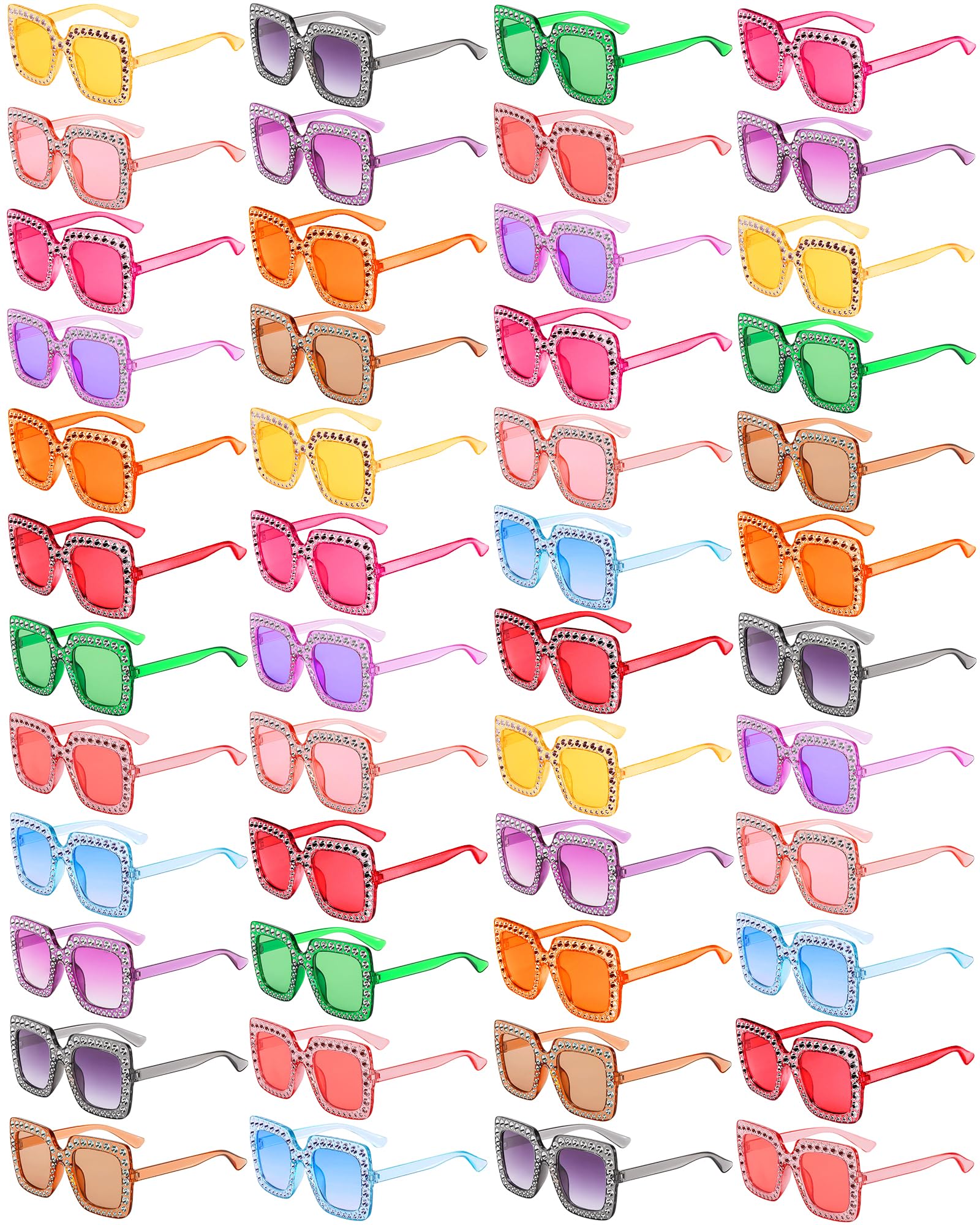 Pibupibu Lot de 48 lunettes de soleil classiques et pailletées disco surdimensionnées en cristal style années 70 avec strass