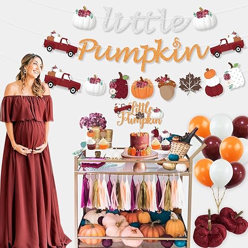 Miniatura 7 de K KUMEED Decoraciones de fiesta de calabaza pequeña, pancarta de calabaza roja y blanca, hojas de otoño, calabaza, camión, decoración de pastel,