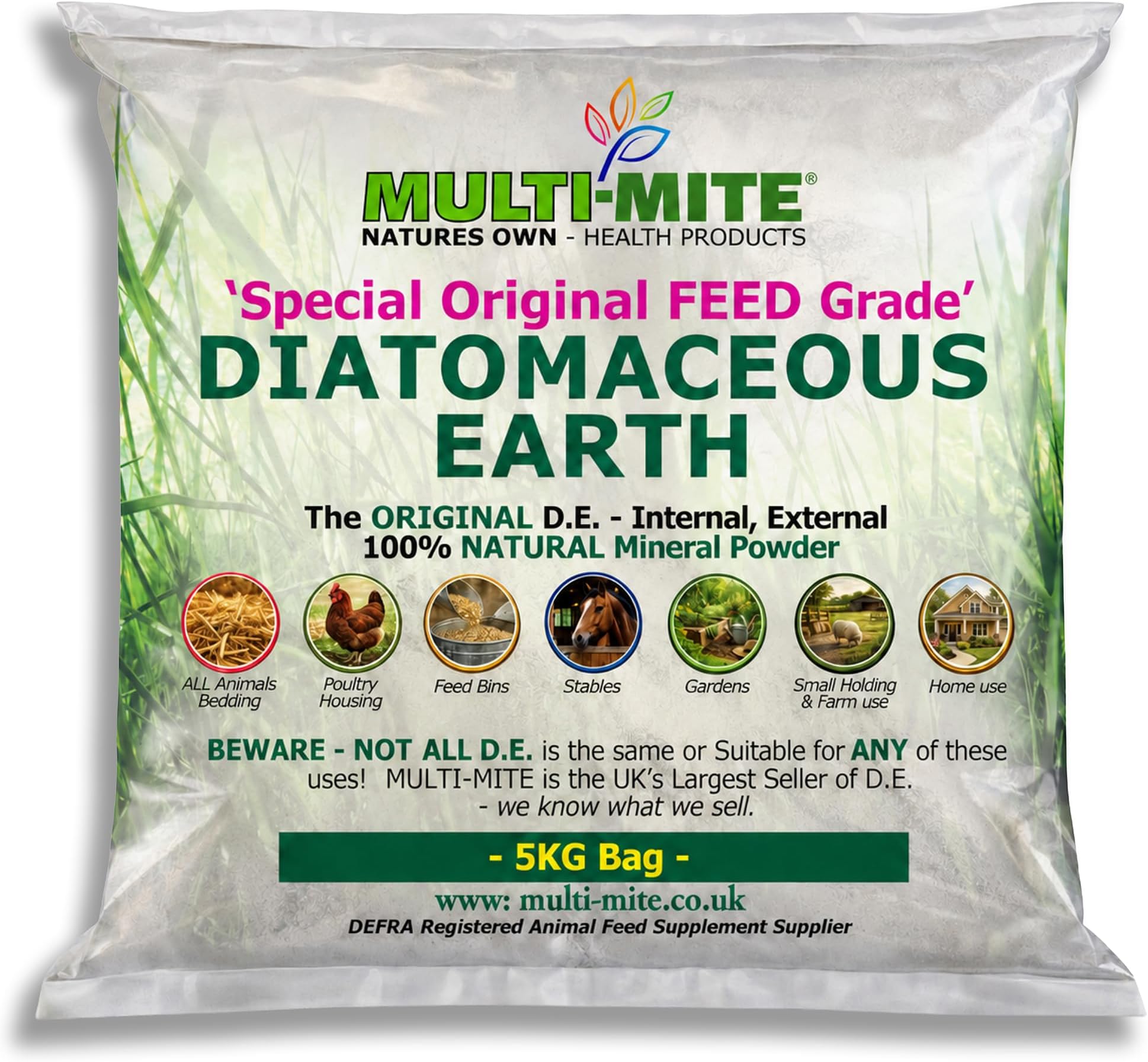 Multi-Mite 5KG DIATOMACEOUS EARTH Feed Grade DE Special Grade - 100% Natural - Red Mite Fleas & All Animal Lice Control Powder