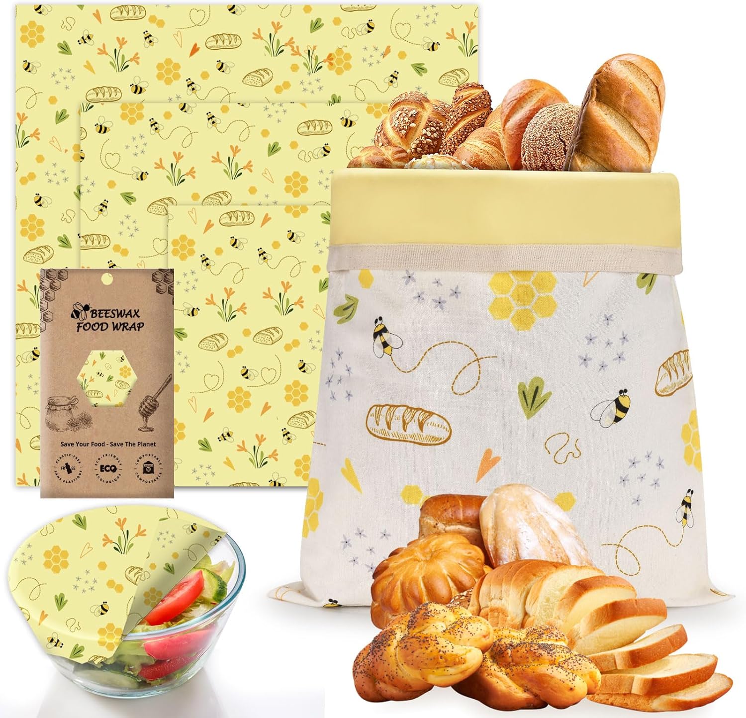 Beeswax Bread Bags & Beeswax Food Wraps Set, Reusable Natural Beeswax Cotton Food Storage Bag for Sourdough, Beeswax Wraps for Food (S,M,L), Sustainable,Organic, Moisture Lock& Freshness Preservation