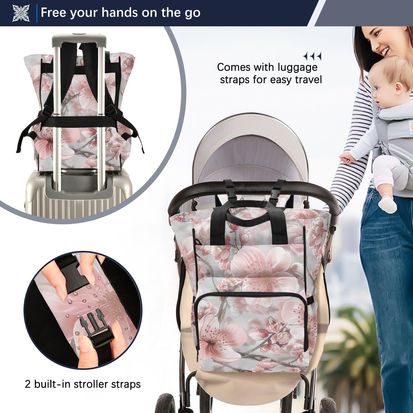 Borsa per pannolini, zaino per mamme e papà, stile bohémien, con fiori e