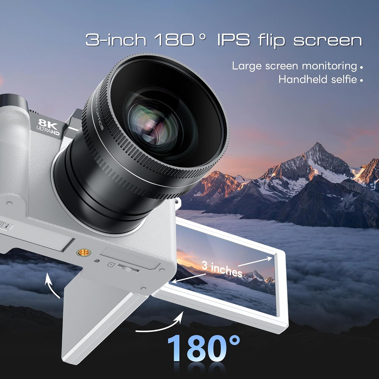 G-Anica 8K Digital Cameras for Photography with Dual-Lens, 64MP WiFi Vlogging Point and Shoot Camera Kit with 180° Flip Screen, 16X Zoom, 64GB Card, Portable Camera for Beginners, 2 Batteries (White)