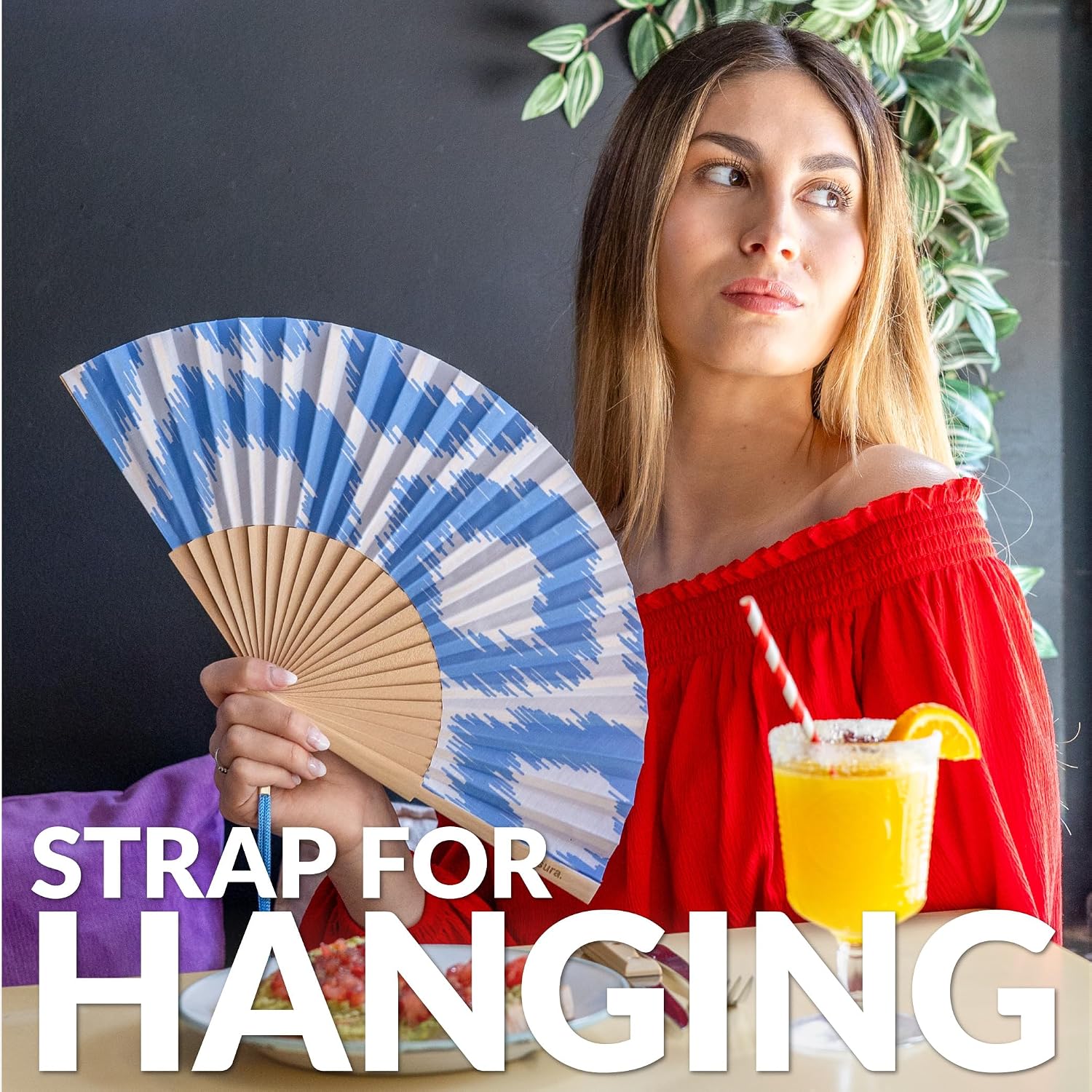Fisura - Original folding fan with print. Folding fan for women. Folding fan made of wood. Fans for wedding, party and gift. (Tongues, blue), 23 x 4 x 1,5