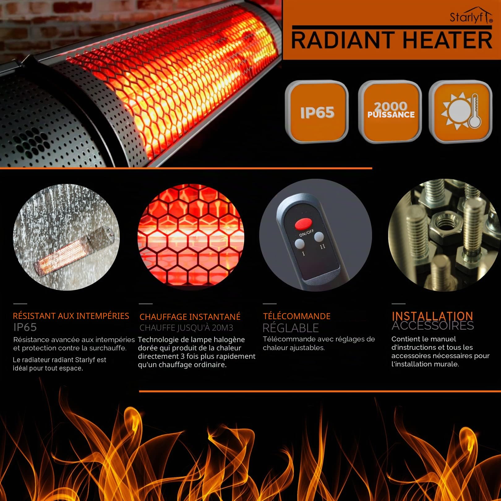 STARLYF Radiant Heater Chauffage Infrarouge 2000W | Radiateur Électrique Extérieur IP65 avec Télécommande | Chaleur Instantanée, 2 Niveaux de Puissance, Économie d’Énergie et Résistance