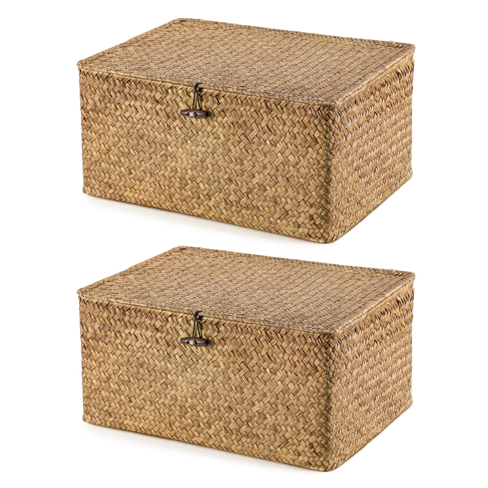 Storage Boxes with Lids 40x28x19cm Seagrass Storage Basket with Lid Woven Wicker Desktop Basket Gift Hamper for Living Room Decorative Bathroom (2-Brown)