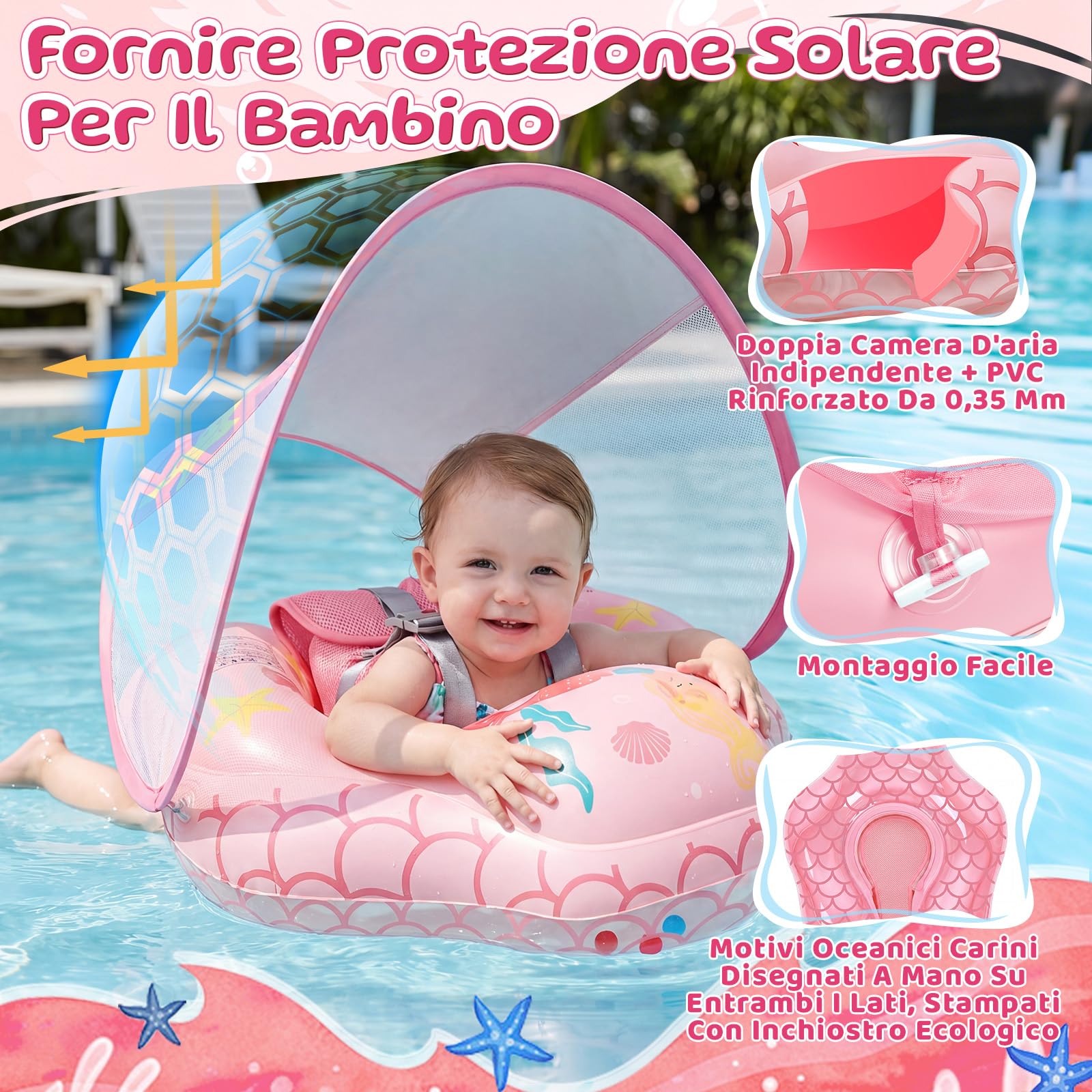 IEEILULU Salvagente Neonato, Ciambella Neonato Mare con Parasole Olare Rimovibile UPF50+, Salvagente Bambino con Adesivo di Riparazione per Piscina, Spiaggia, Vacanze da 6 a 36 Mesi