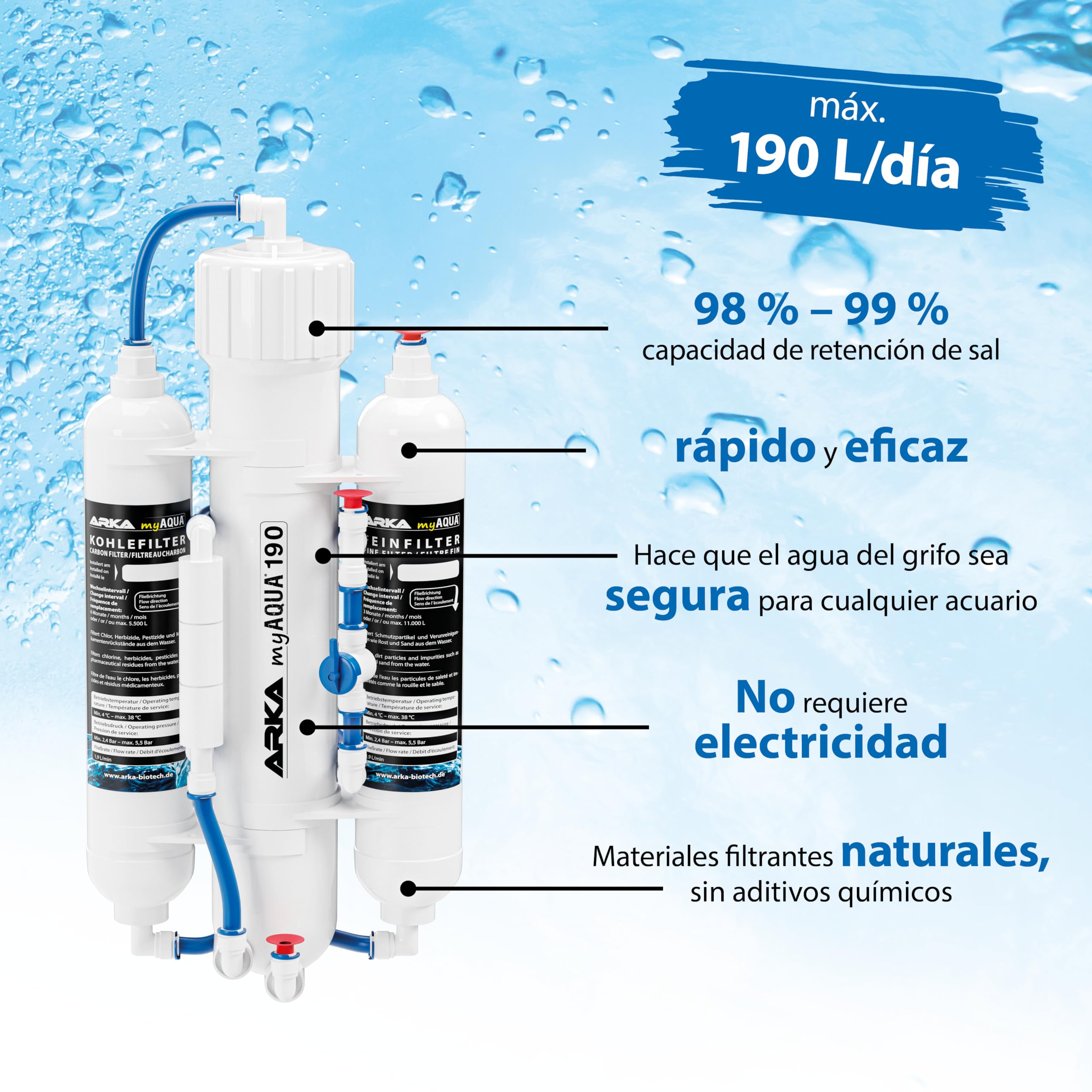 Ósmosis inversa acuario – ARKA myAQUA 190 – elimina 99% de sales, bacterias y contaminantes – 190L/día – filtro de agua doméstico y acuario – instalación fácil – kit completo sin electricidad
