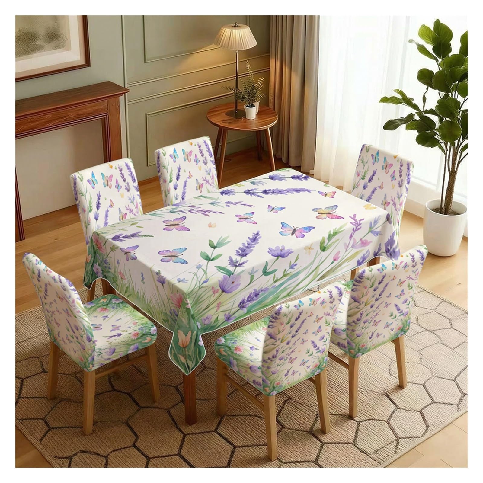 BOSUYBN Watercolor Lavender & Colorful Butterfly Floral Print Dining Tablecloth & Chair Covers Set, 5/7 Piece Spring Pastel Cottage Dining Decor Table Setting(7pcs Set: Tablecloth+Chair Covers)