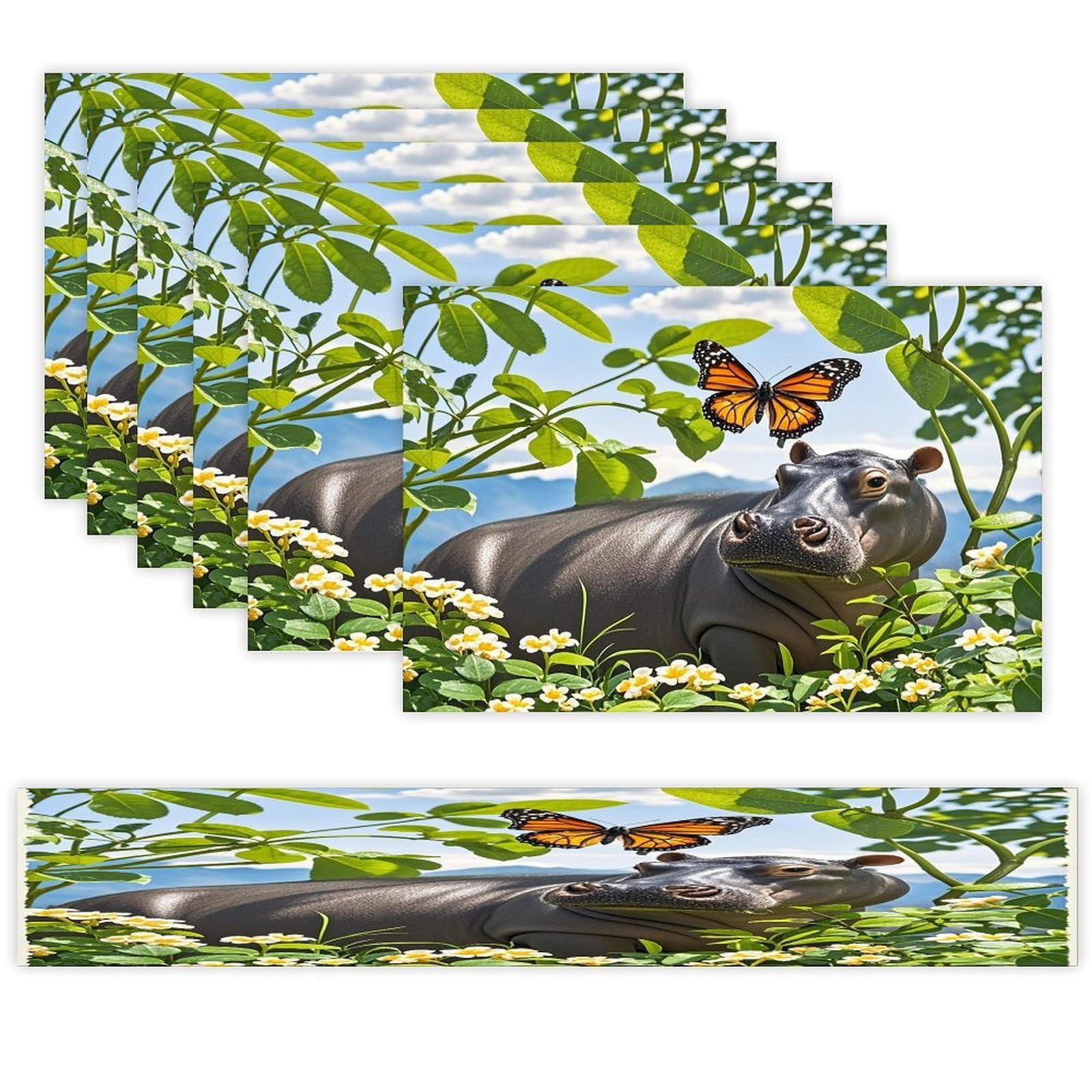 Butterfly and Hippo Table Runner and Placemats Set of 6 Stain Resistant Heat Resistant Place Mats for Kitchen Dining Table Mats Long Table Runner Modern Art Dining Decor for Daily Use